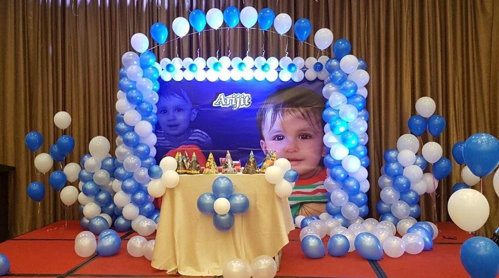 Baby photo banner birthday party balloon decorators Bangalore