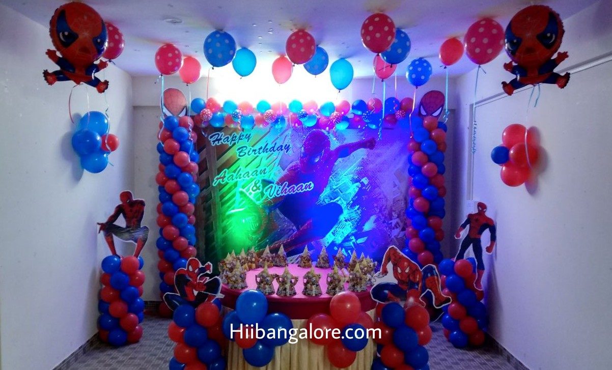 Spiderman theme banner birthday party balloon decorators Bangalore