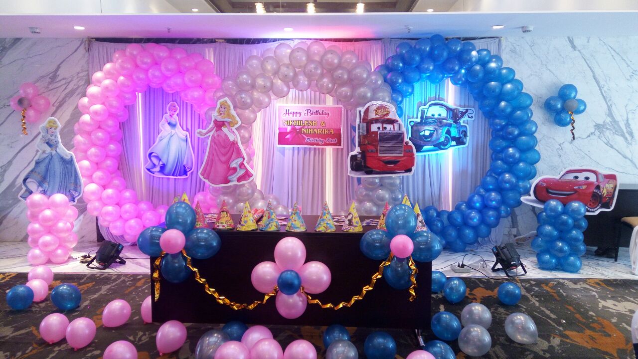 Twin baby princess and cars theme customized balloon decorators Bangalore