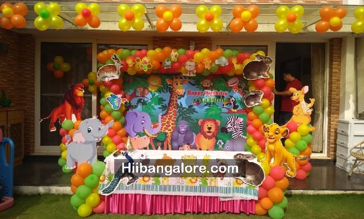 Jungle theme banner birthday party balloon decorators Bangalore
