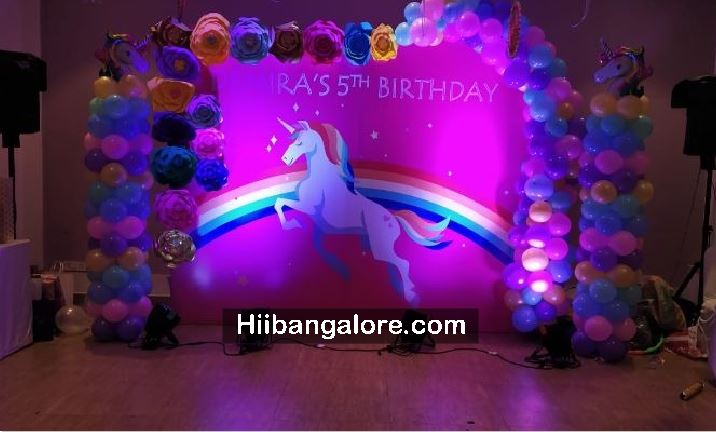 Unicorn theme banner birthday party balloon decorators Bangalore