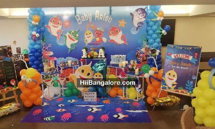 Baby shark theme birthday balloon decorators Bangalore
