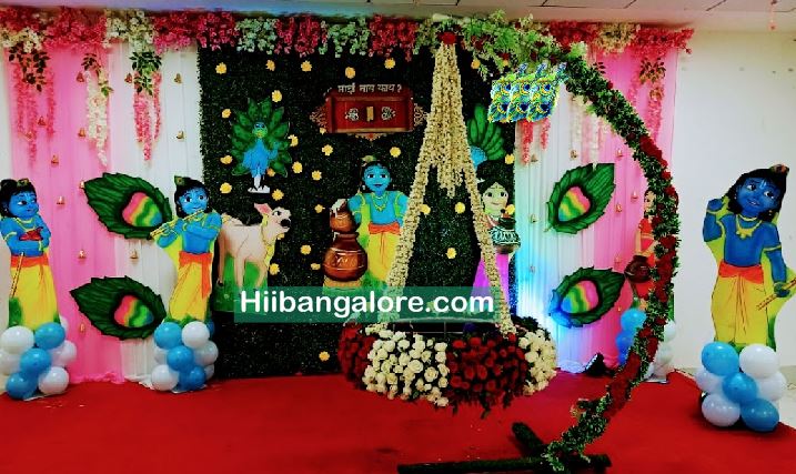 Grass backdrop krishna theme naming ceremony decoration Bangalore