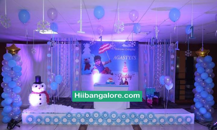 Snow theme premium birthday party balloon decorators Bangalore