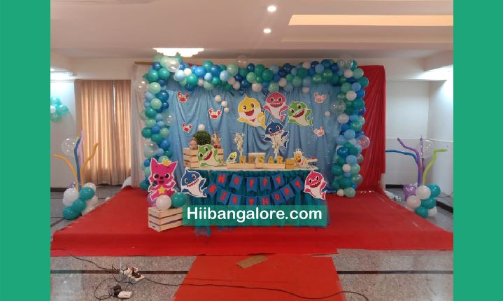 Baby shark theme crafted birthday party decorators Bangalore