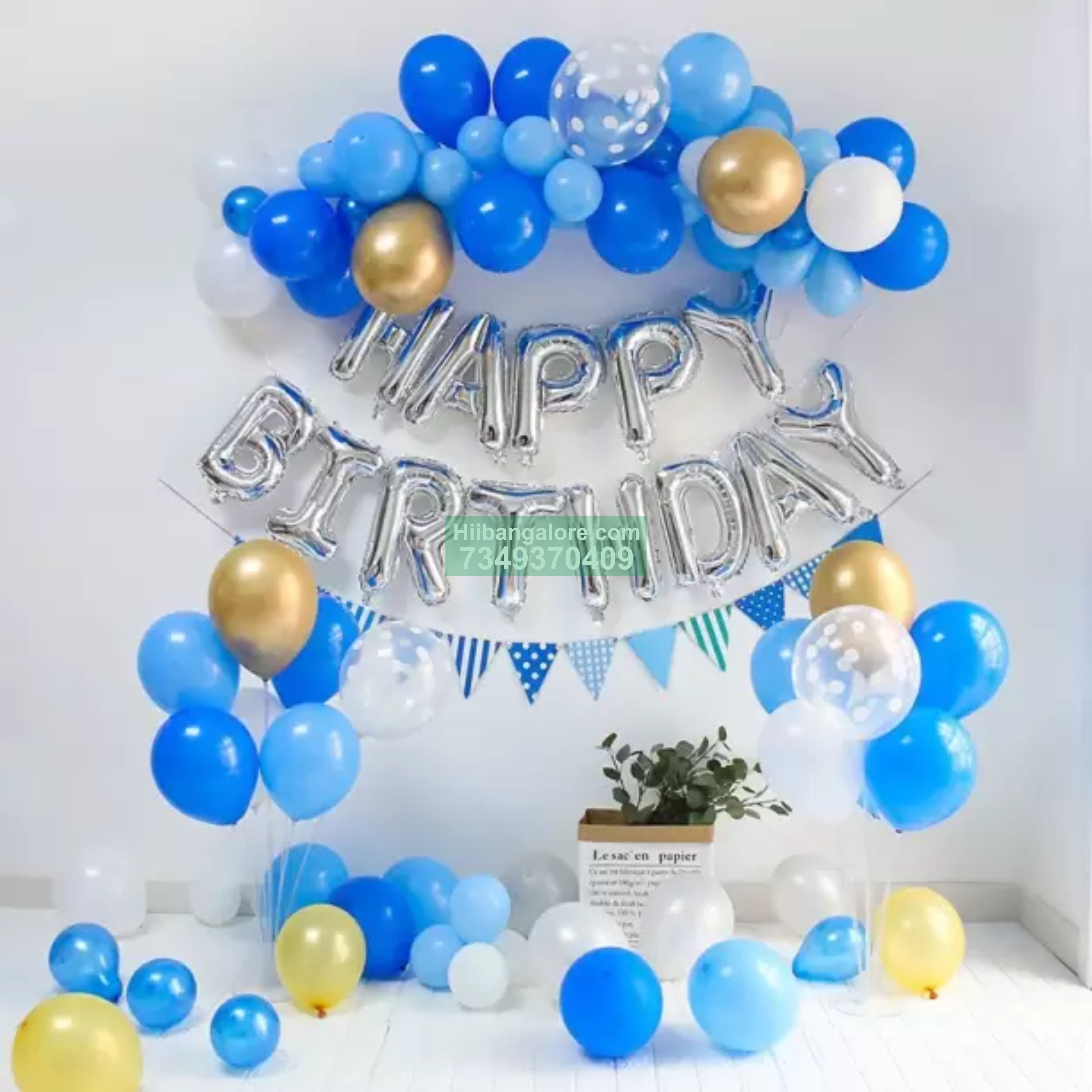 Simple blue and gold birthday decor at home Bangalore