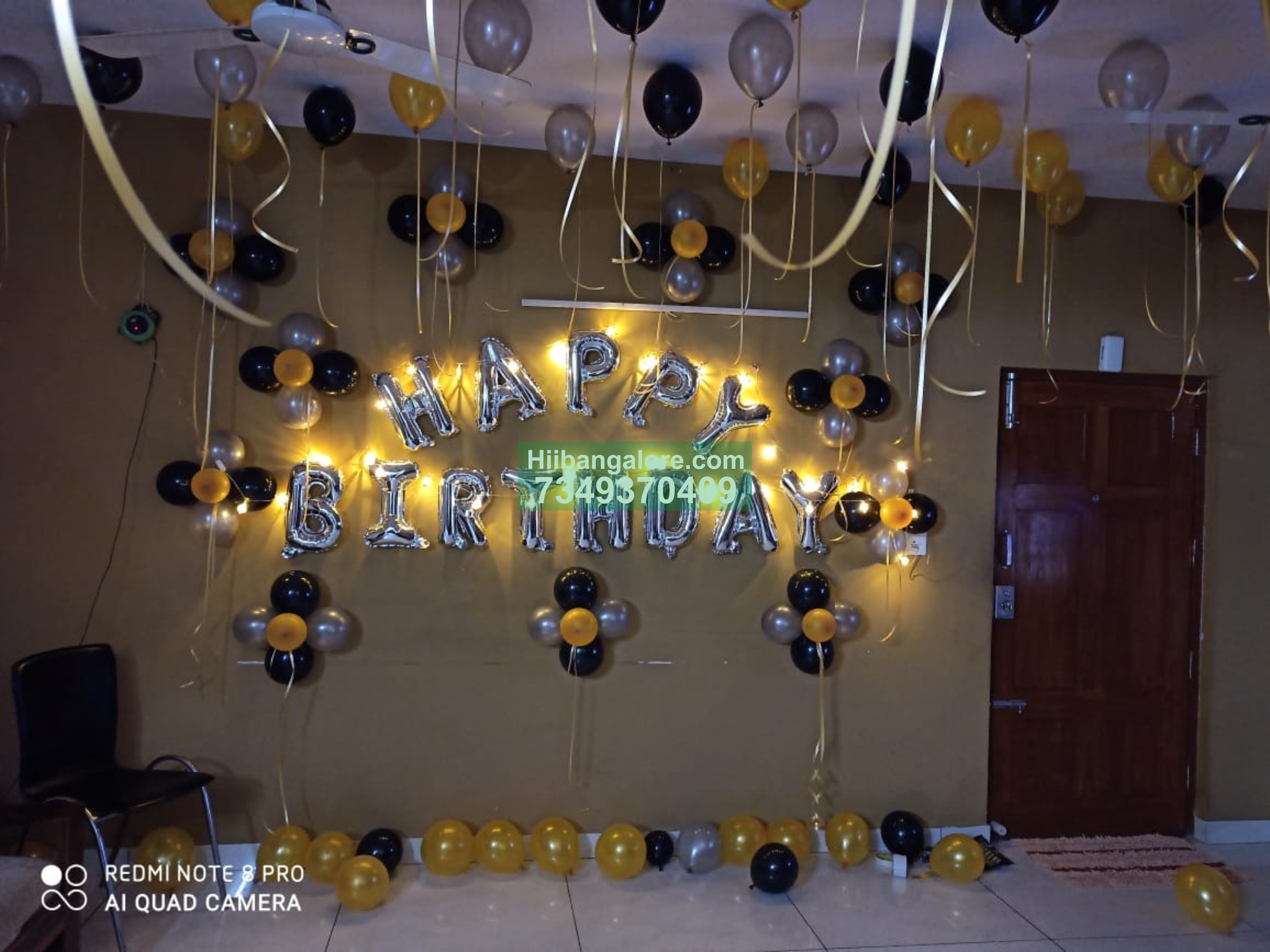 black gold with birthday foil balloon decor at home Bangalore
