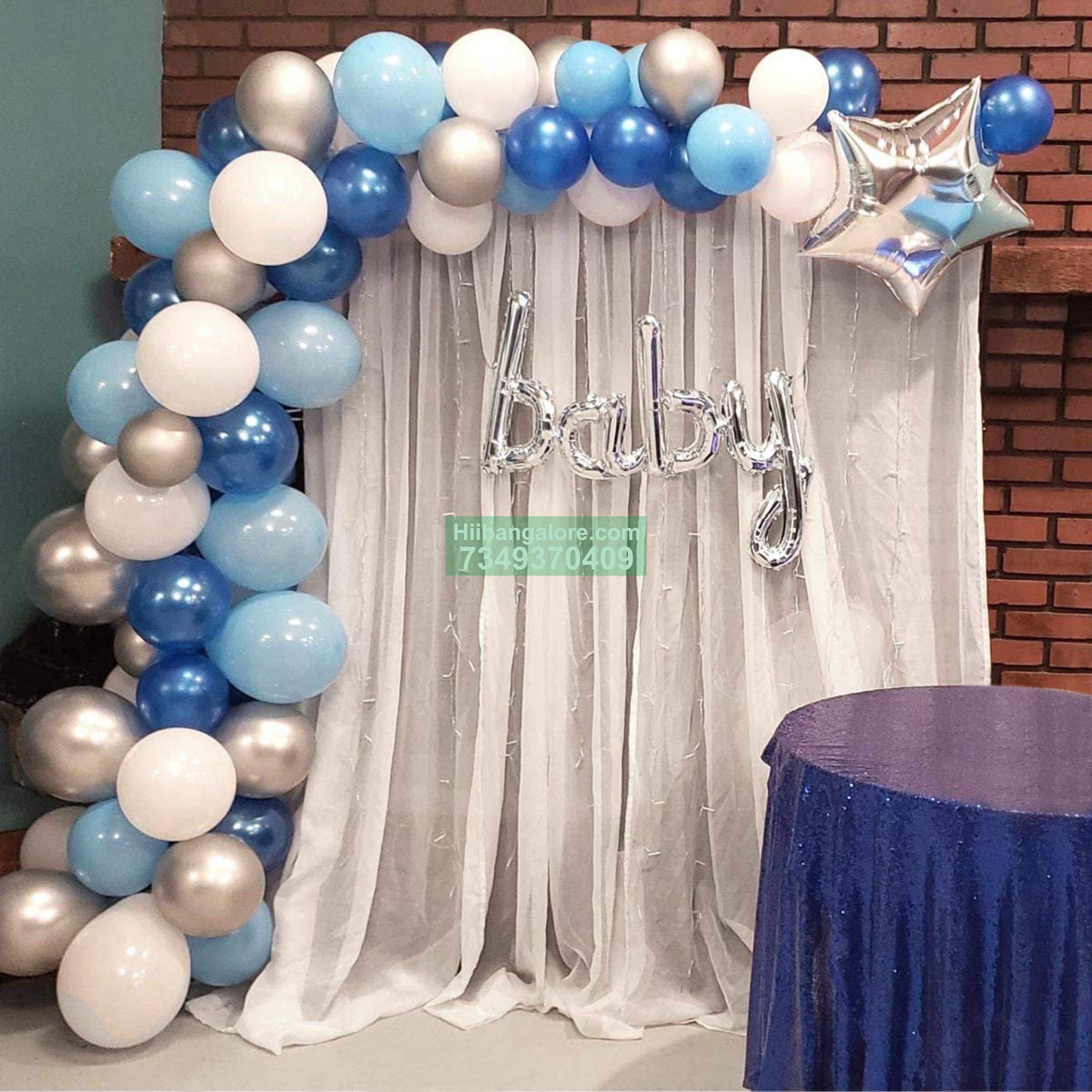 blue and white balloon decoration for small parties at home Bangalore