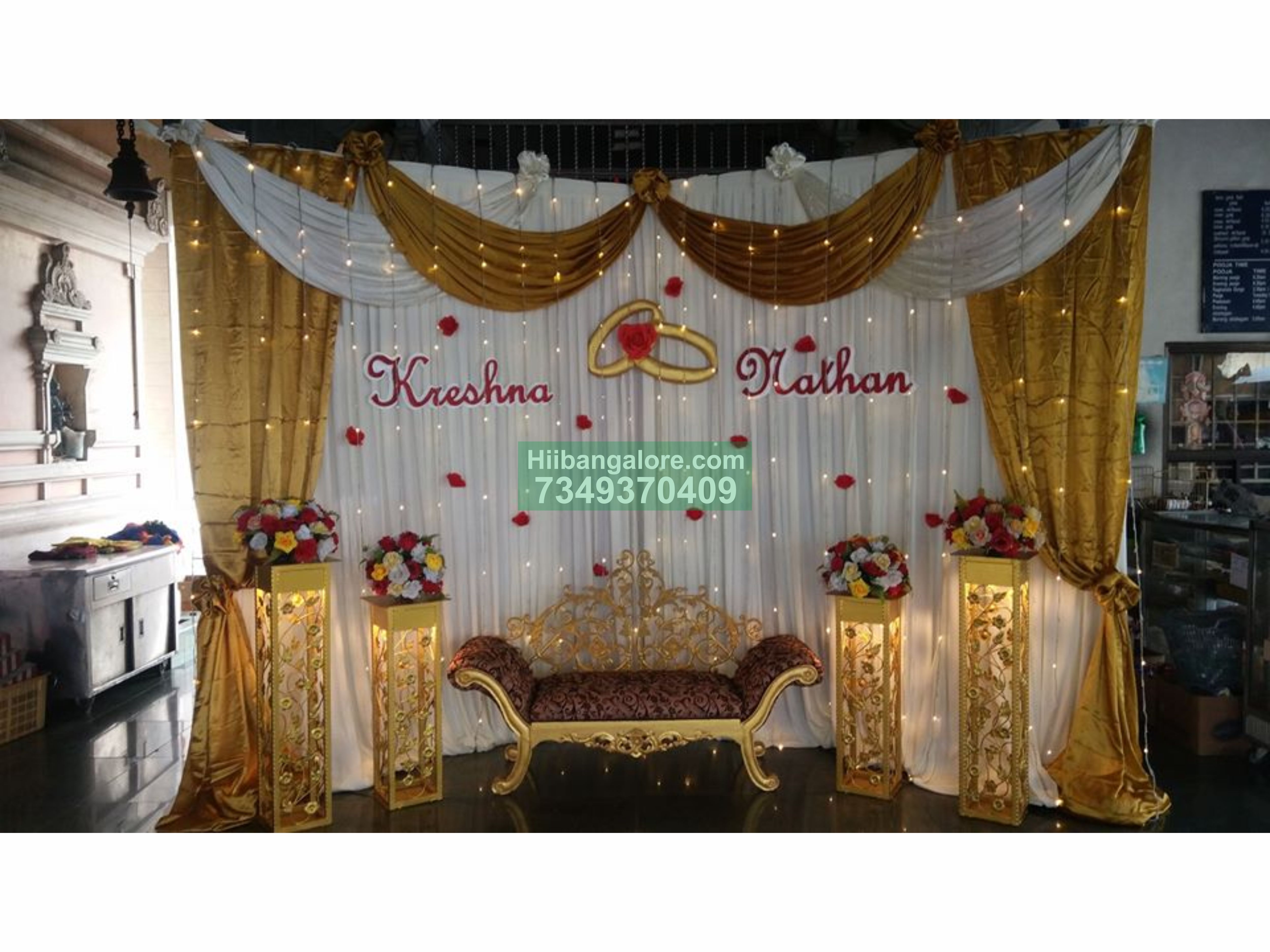 elegant golden backdrop engagement decoration - Best Birthday Party  Organisers, Balloon decorators, Birthday party Caterers in Bangalore