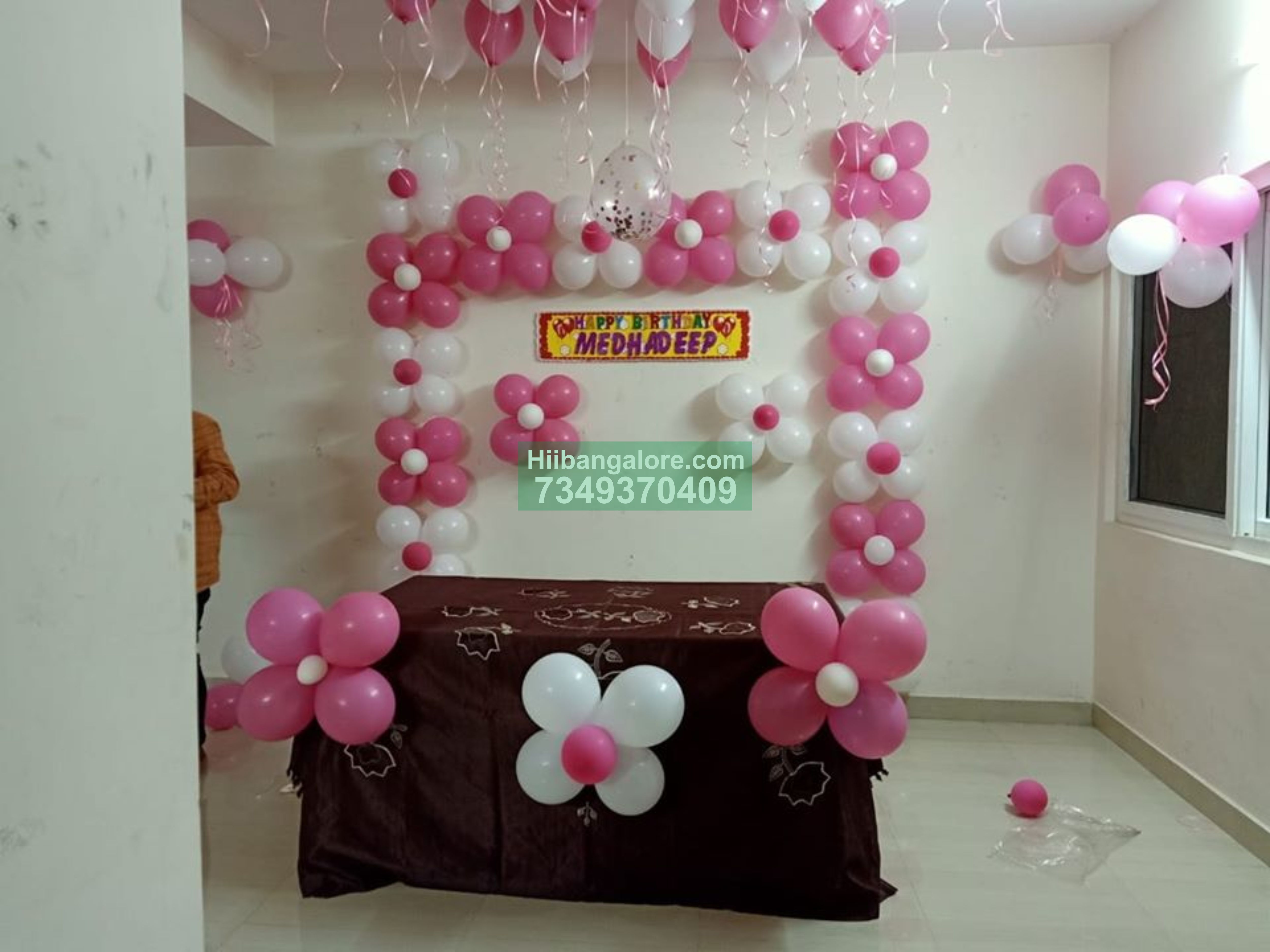 girl baby pink birthday balloon decoration at home Bangalore