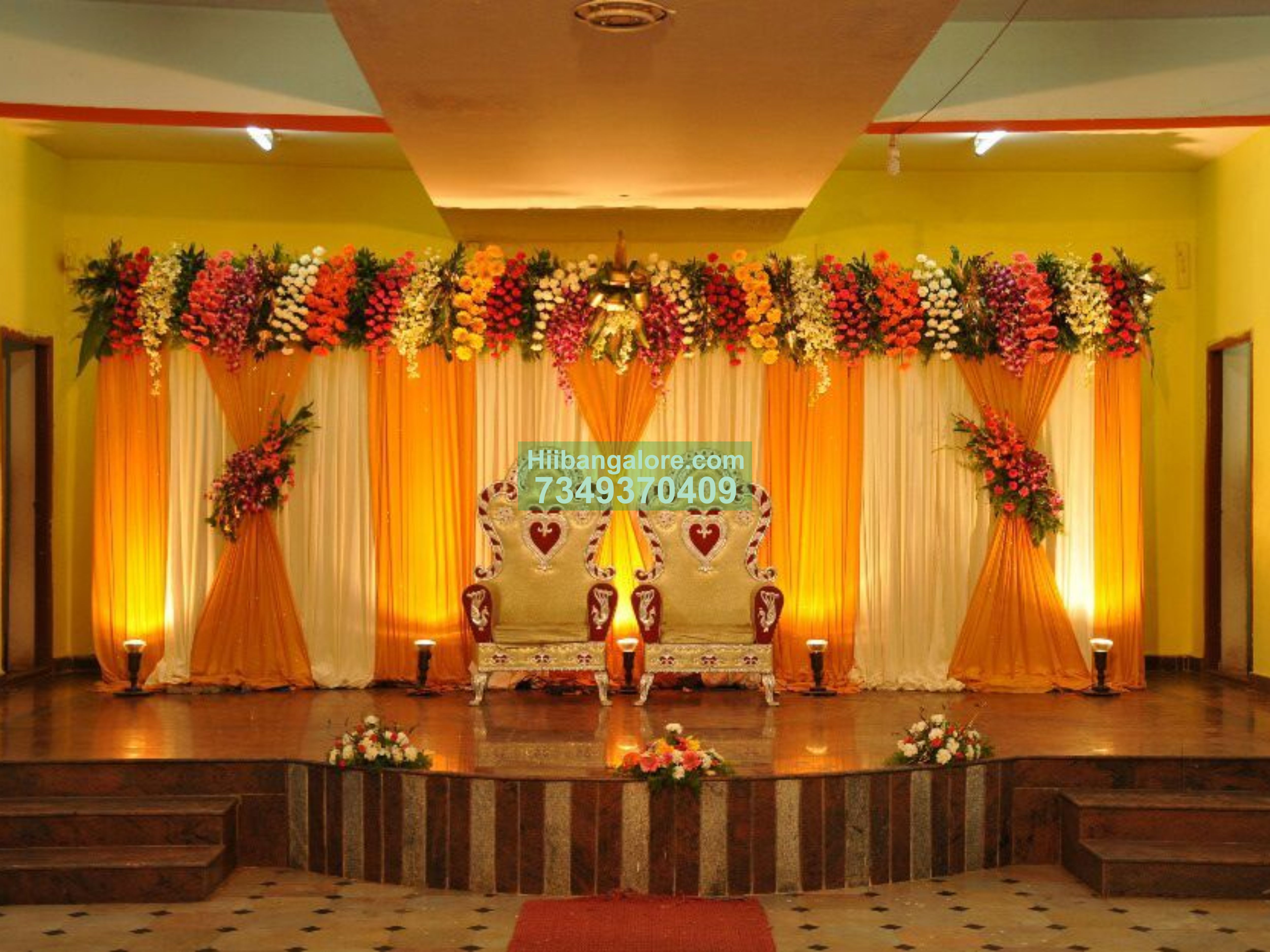 golden backdrop engagement flower decoration Bangalore