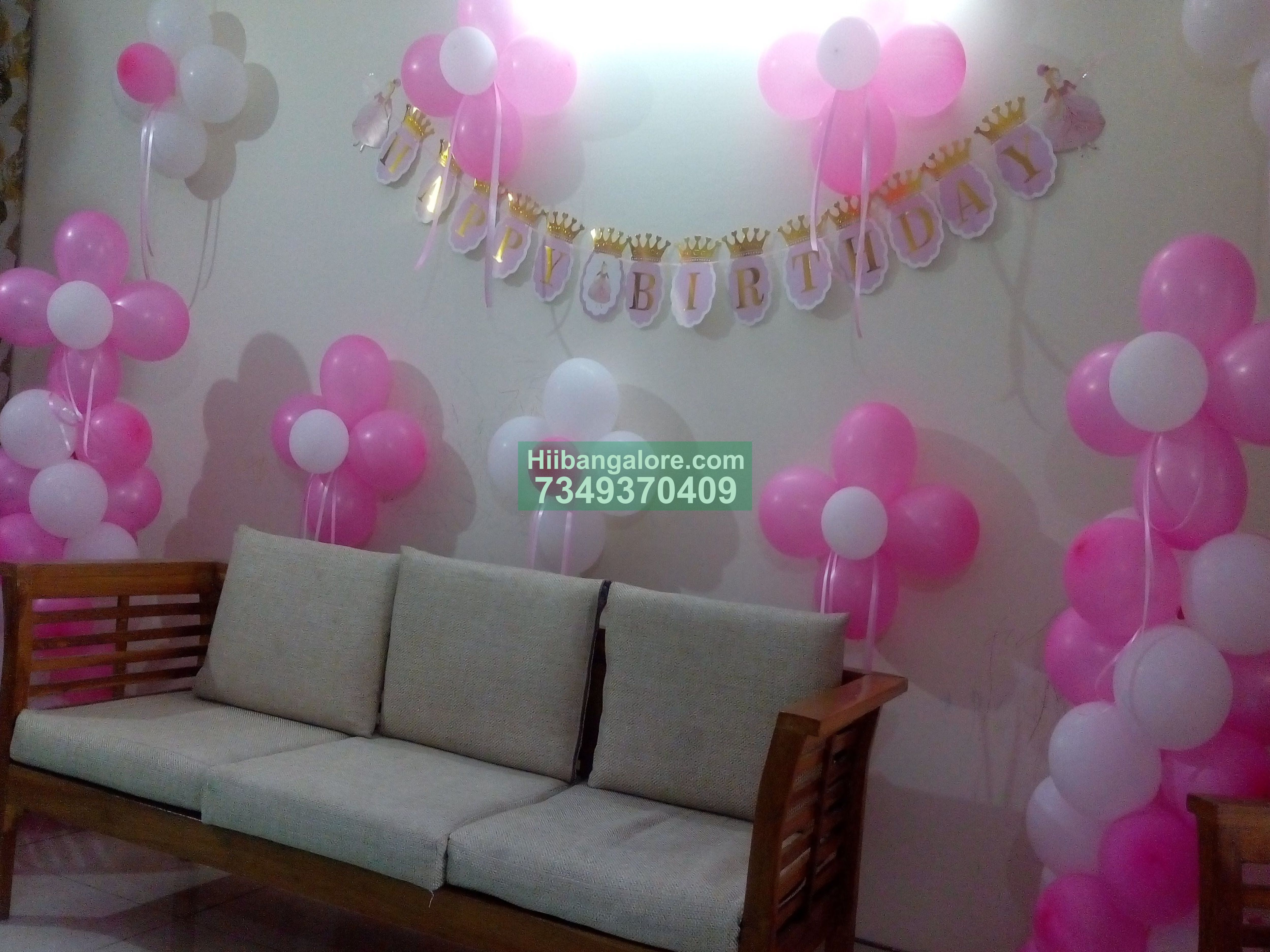 pink and white baby girl balloon decoration Bangalore