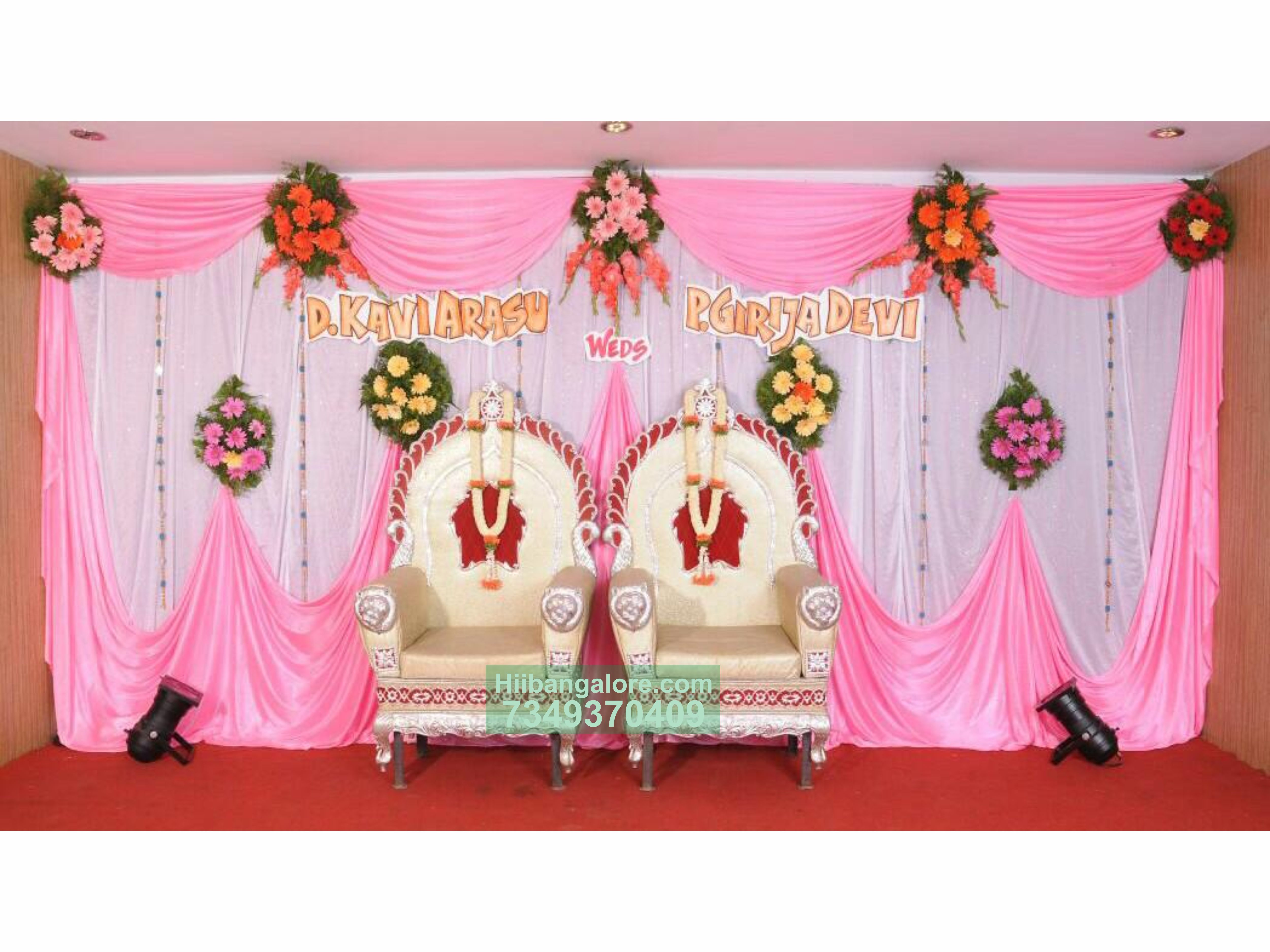 pink and white backdrop engagement flower decoration Bangalore