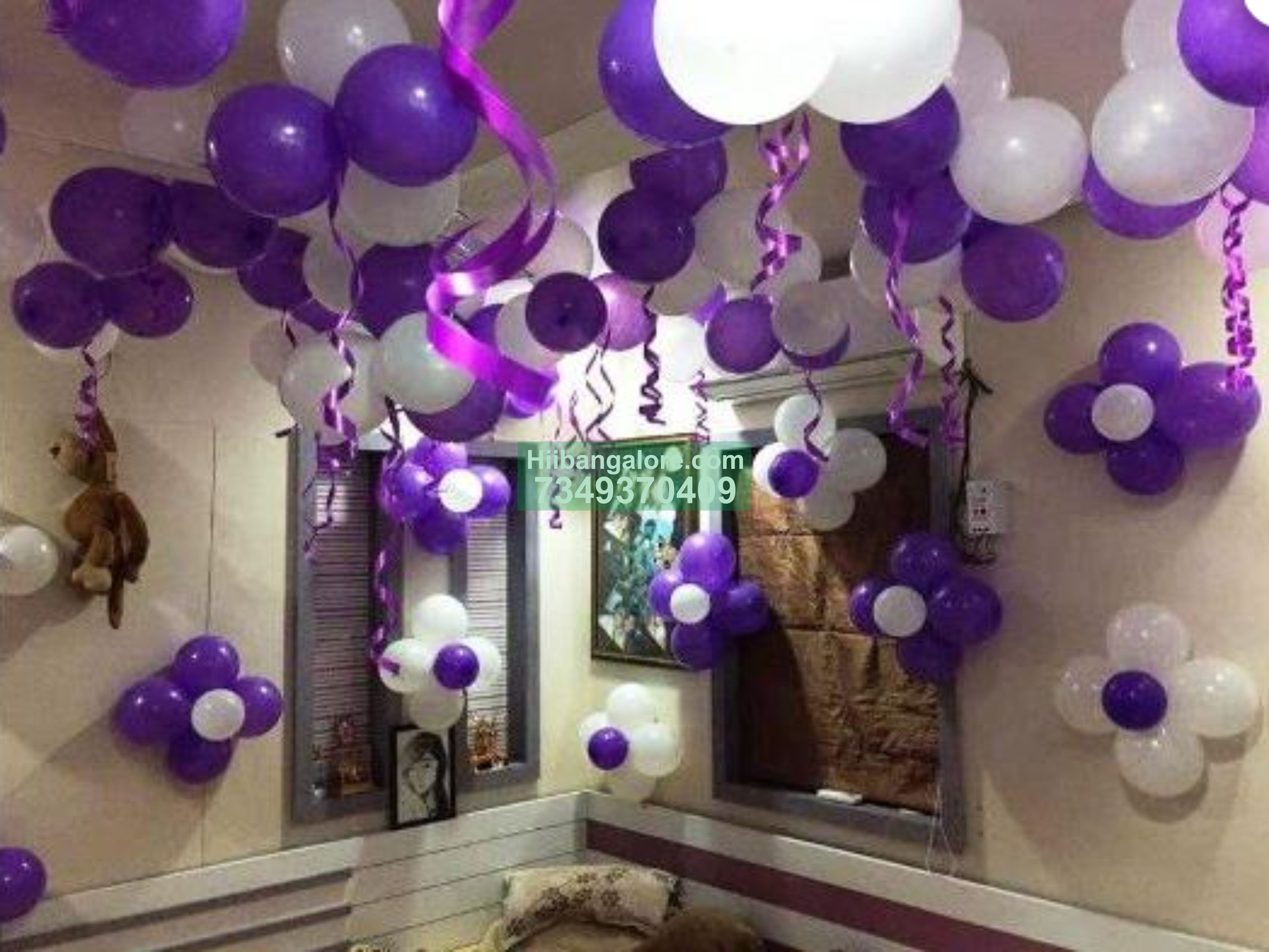 purple and white balloons decor for birthday Bangalore