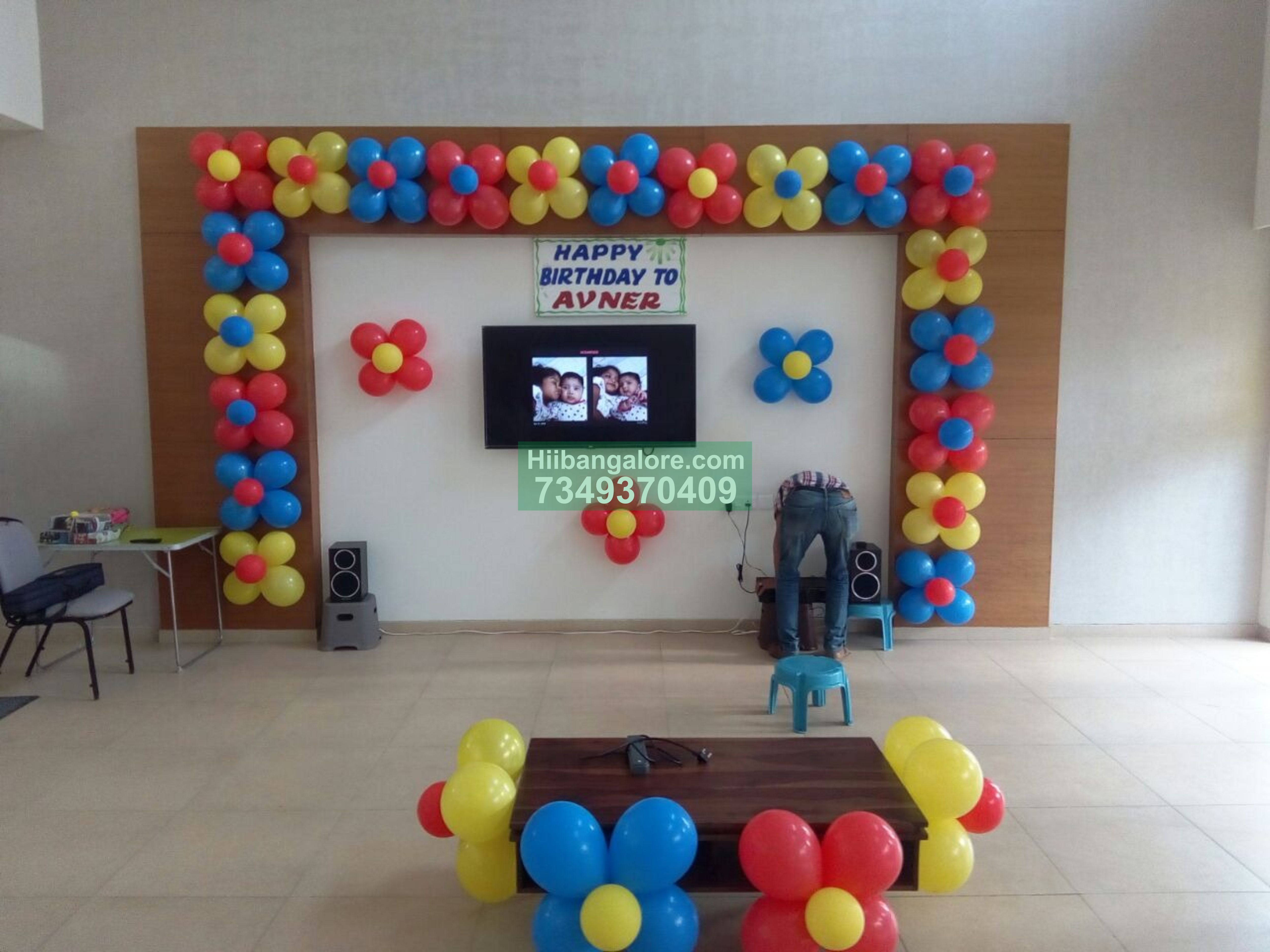 red blue and yellow balloon decor for birthday at home Bangalore