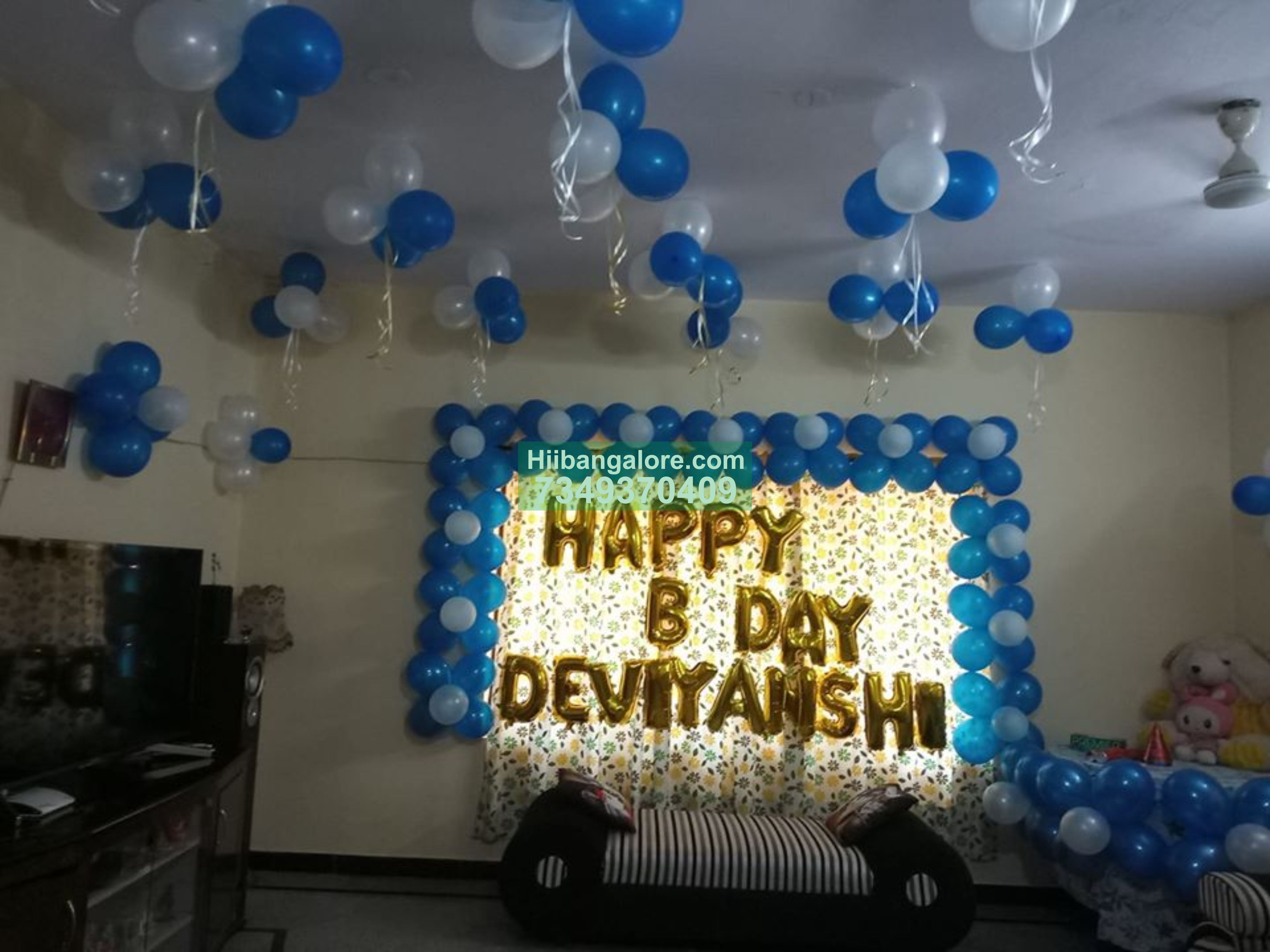 simple blue and white birthday decoration at home Bangalore