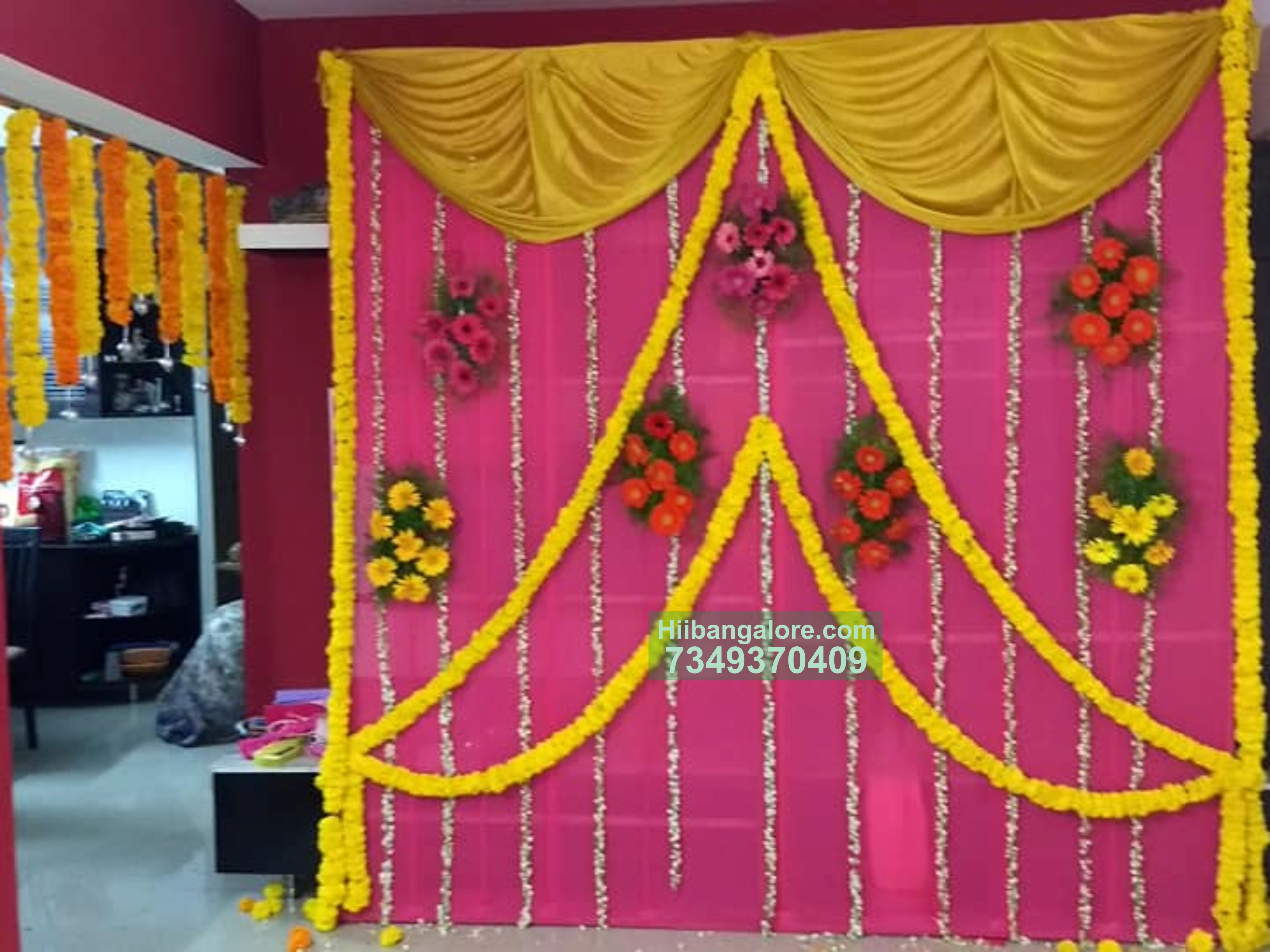 simple pink backdrop flower decoration for engagement Bangalore