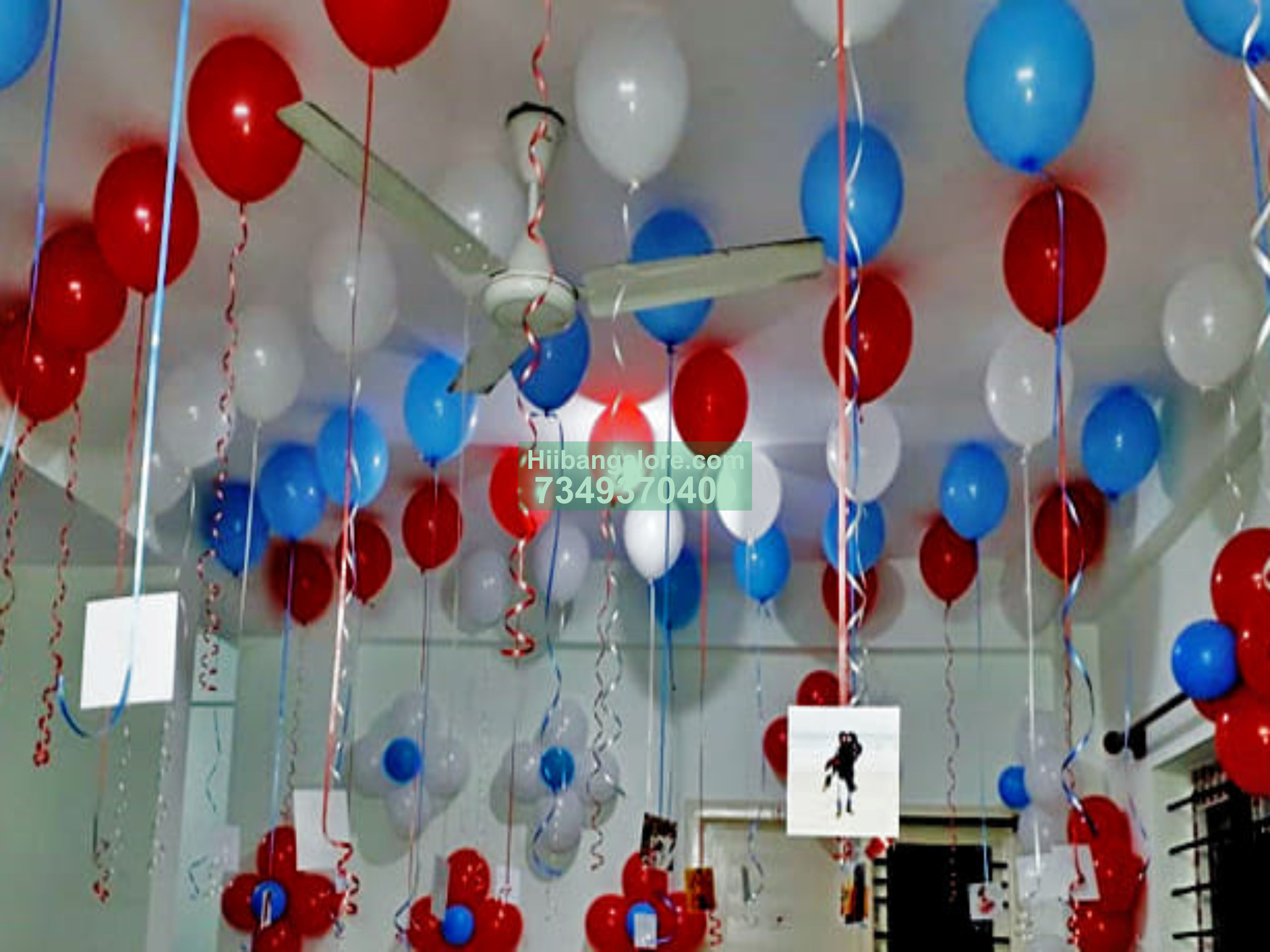 sky blue red and white balloon decoration at home Bangalore