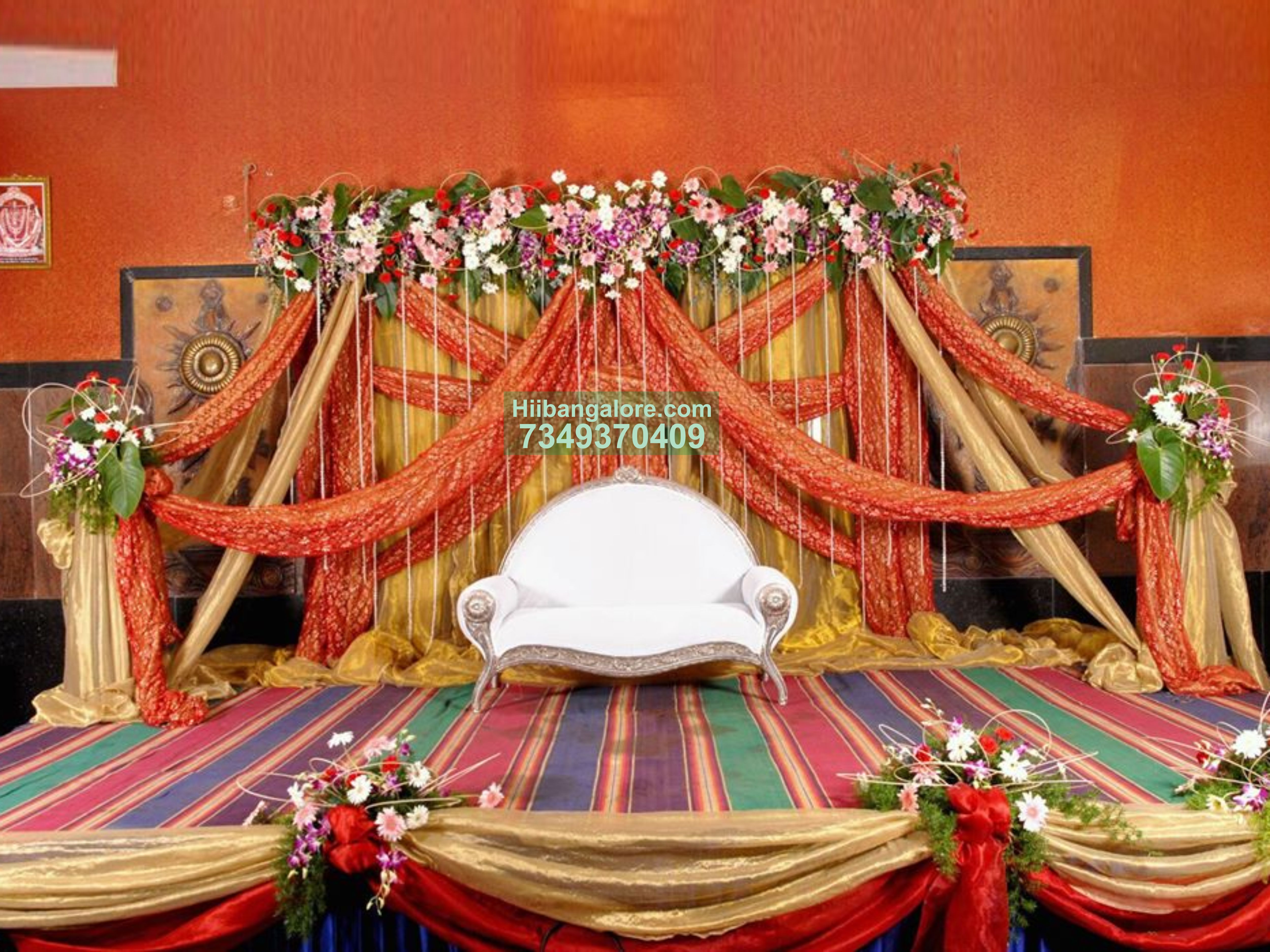 traditional engagement curtains and flower decoration Bangalore