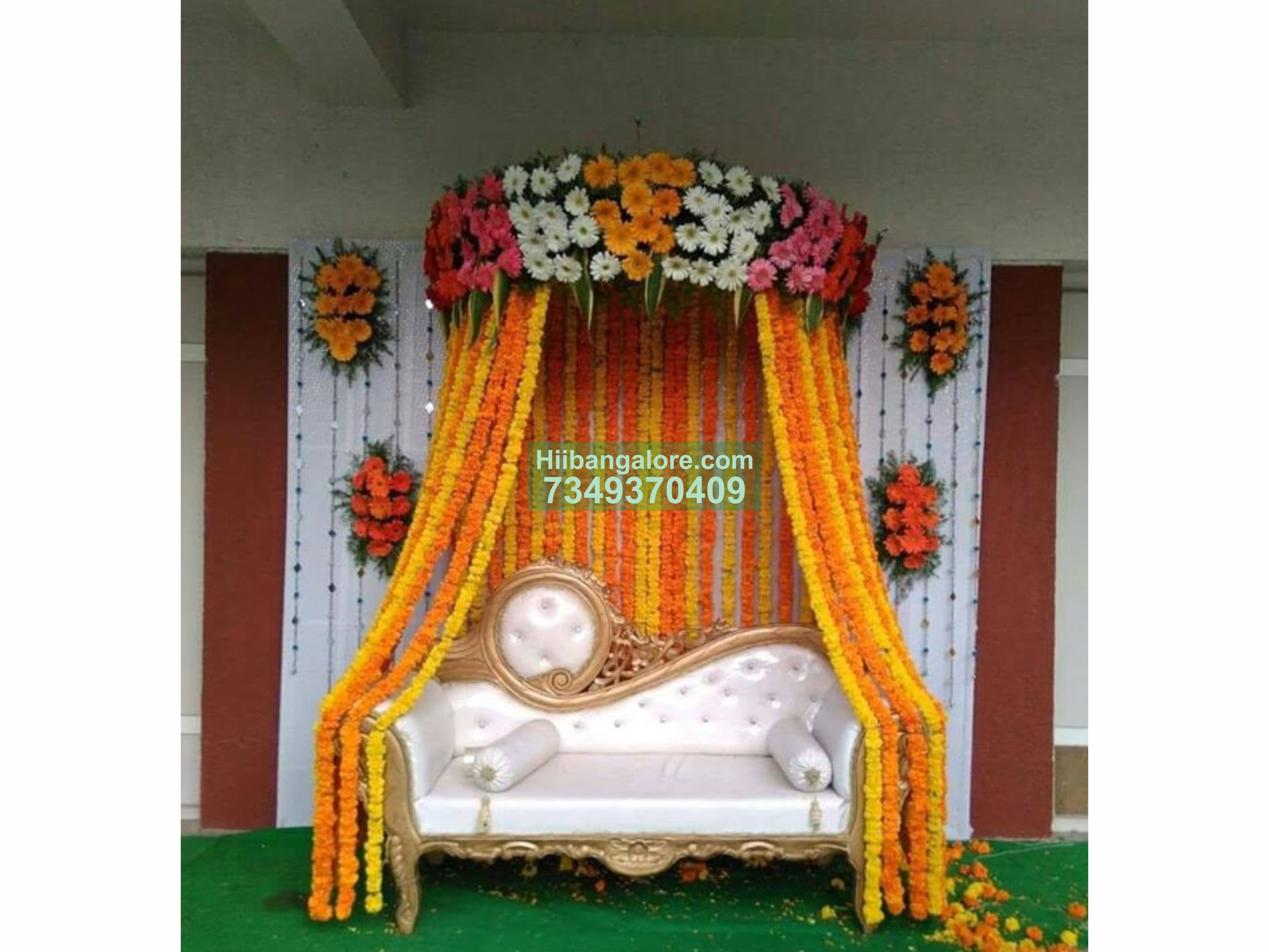 traditional marigold floral hangings decor for engagement - Catering ...