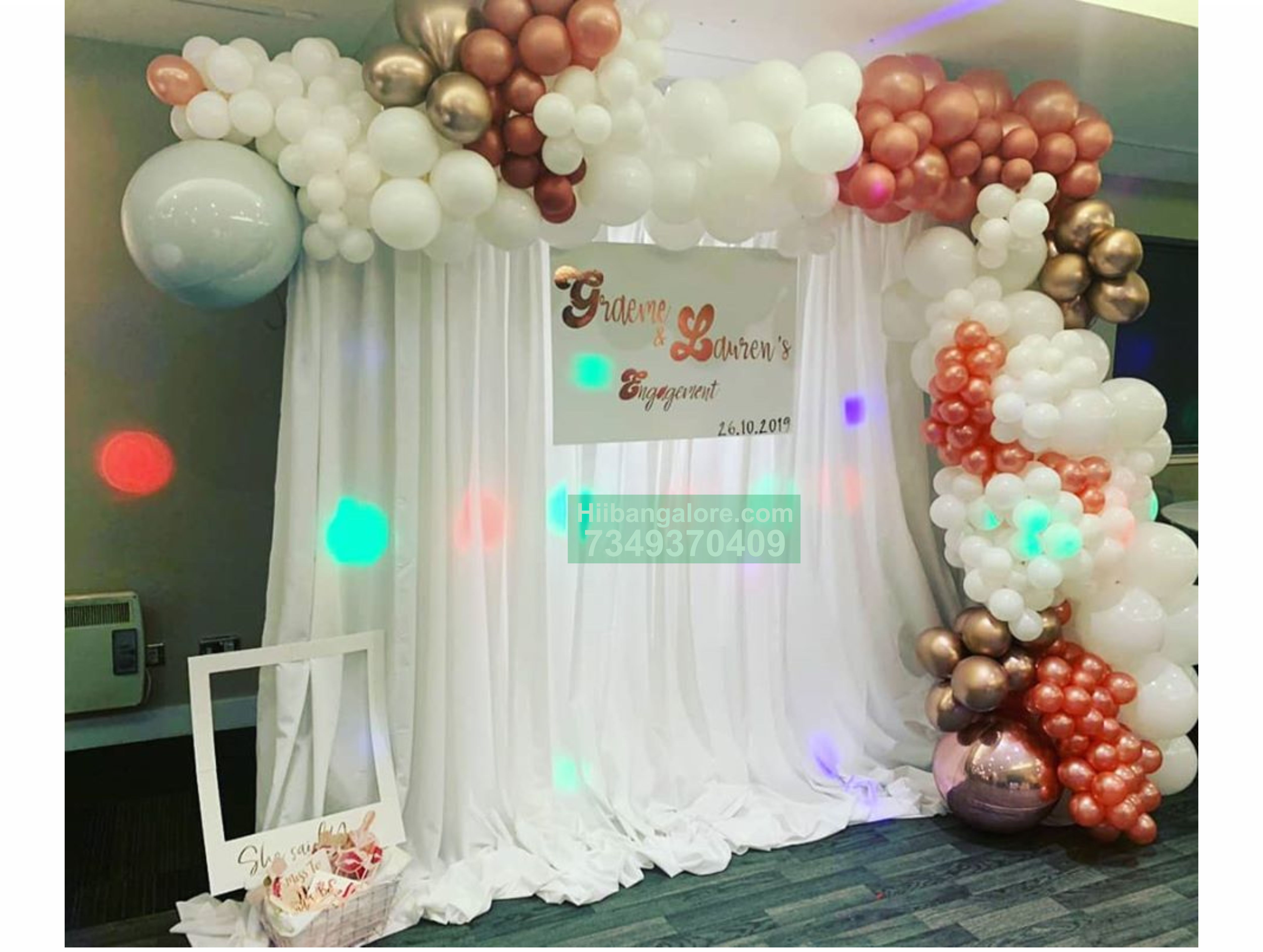 white backdrop organic balloon decoration for engagement Bangalore