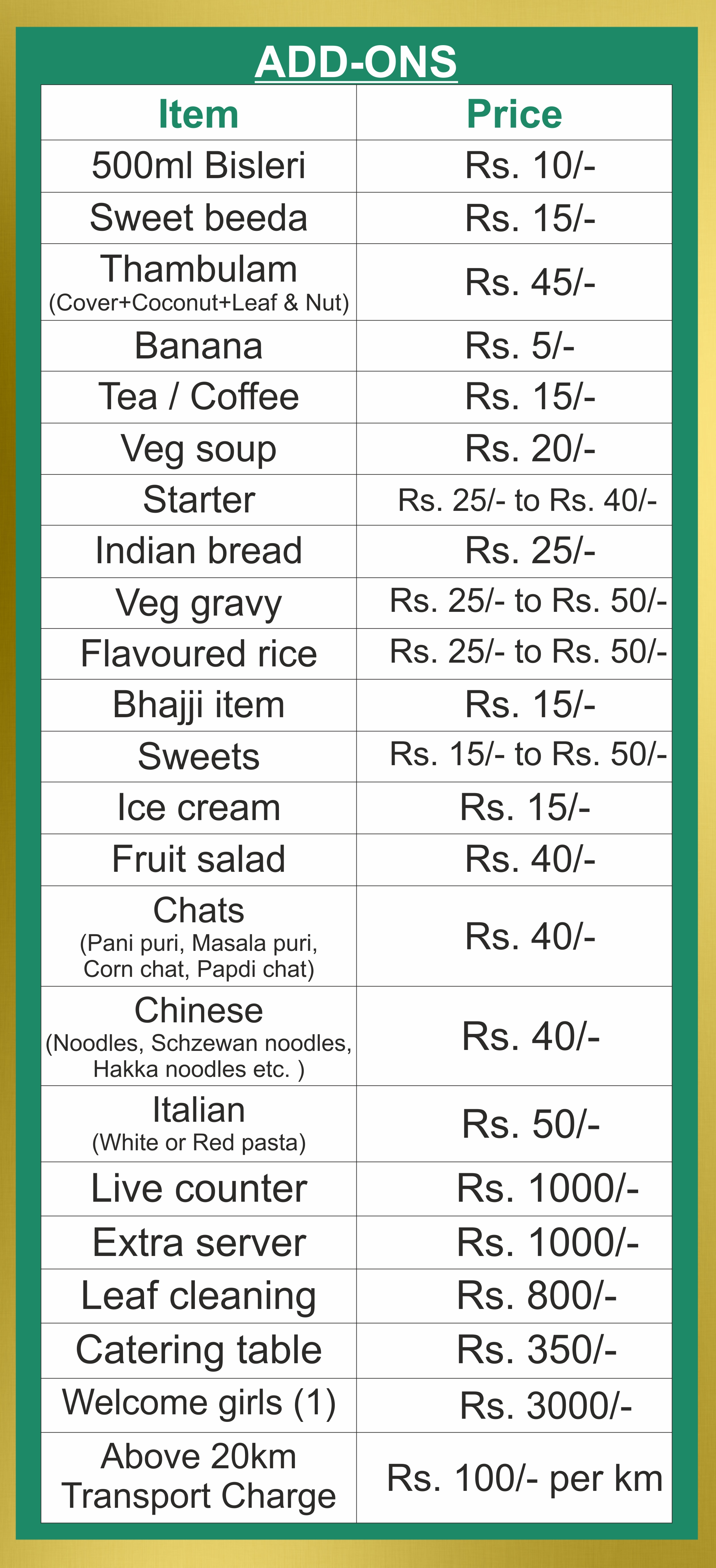 Catering menu Add-Ons Bangalore