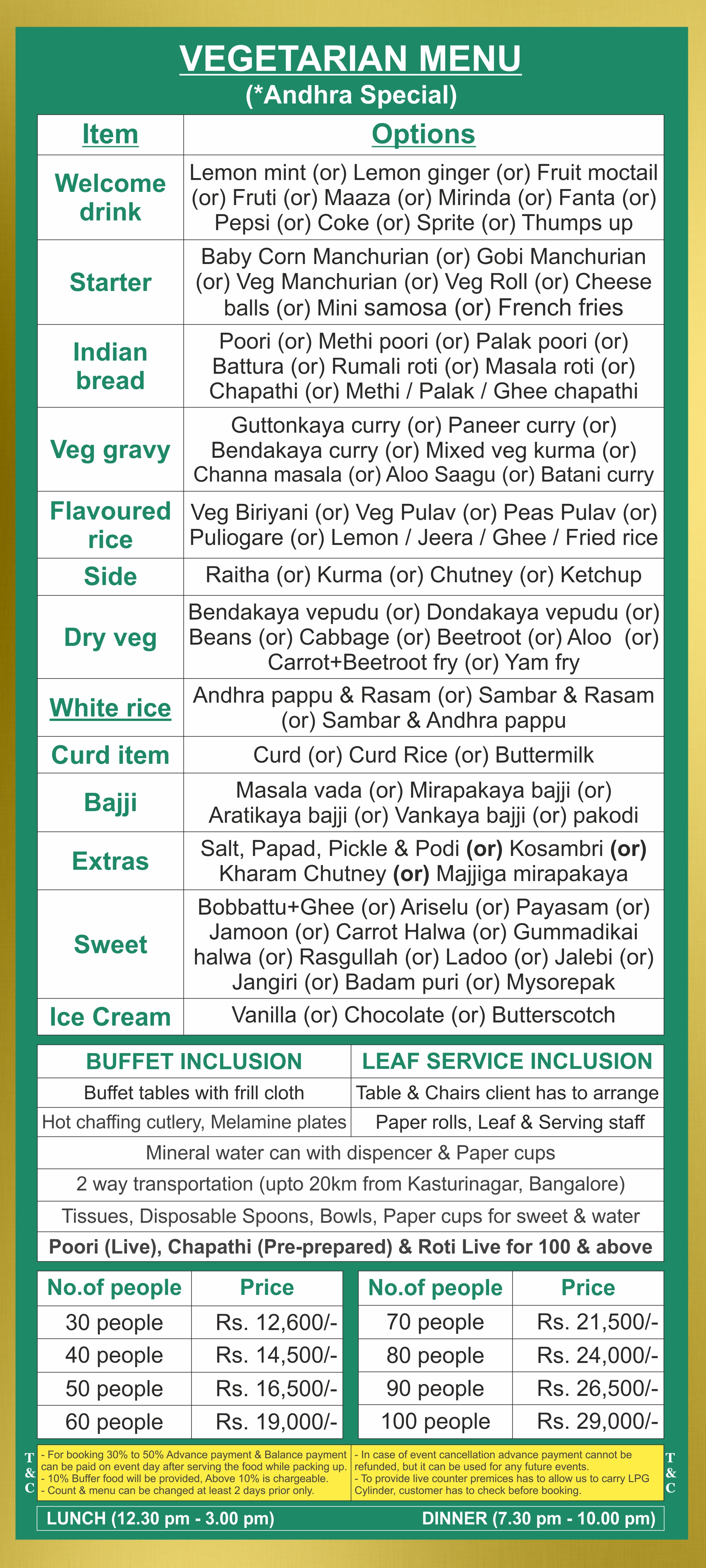 Andhra style catering menu price list in Bangalore