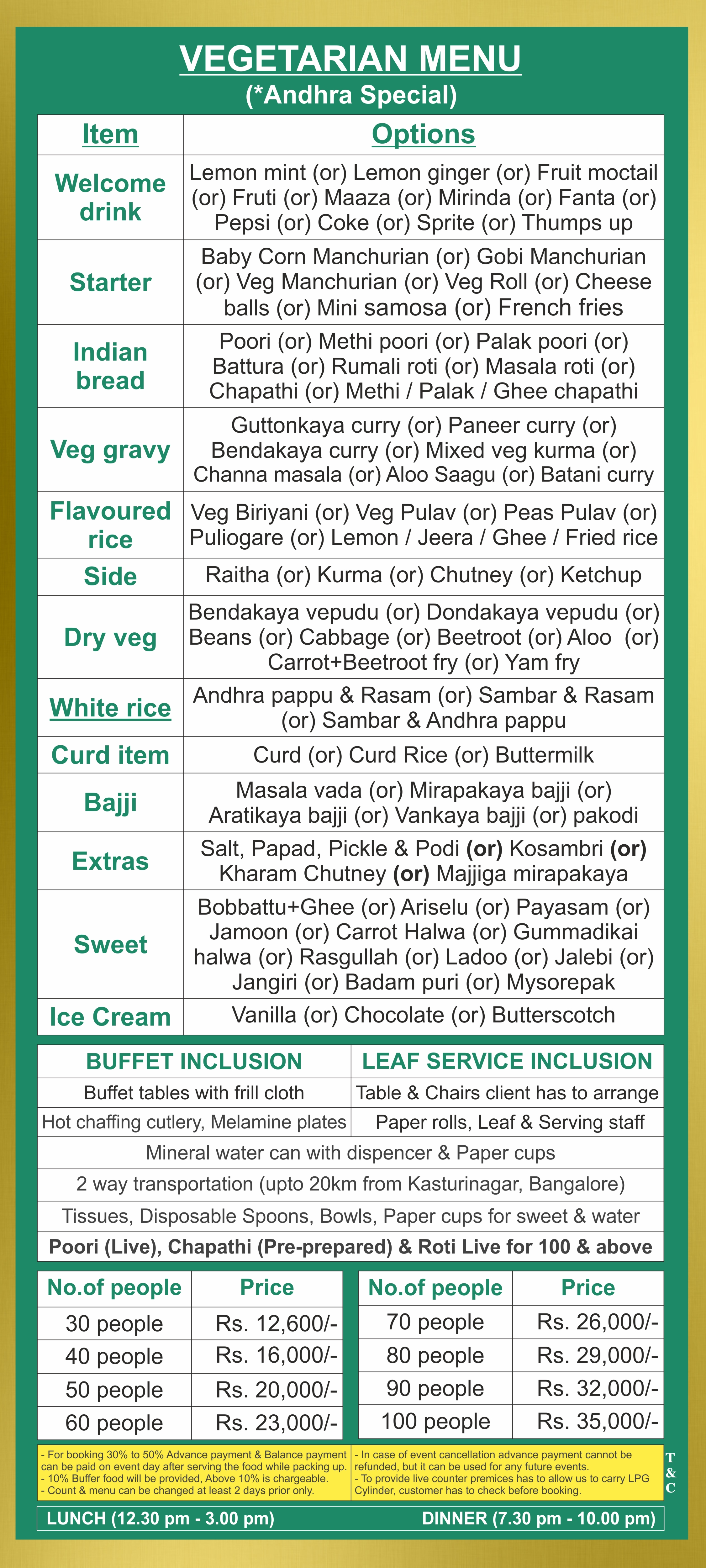 Andhra style catering menu Bangalore