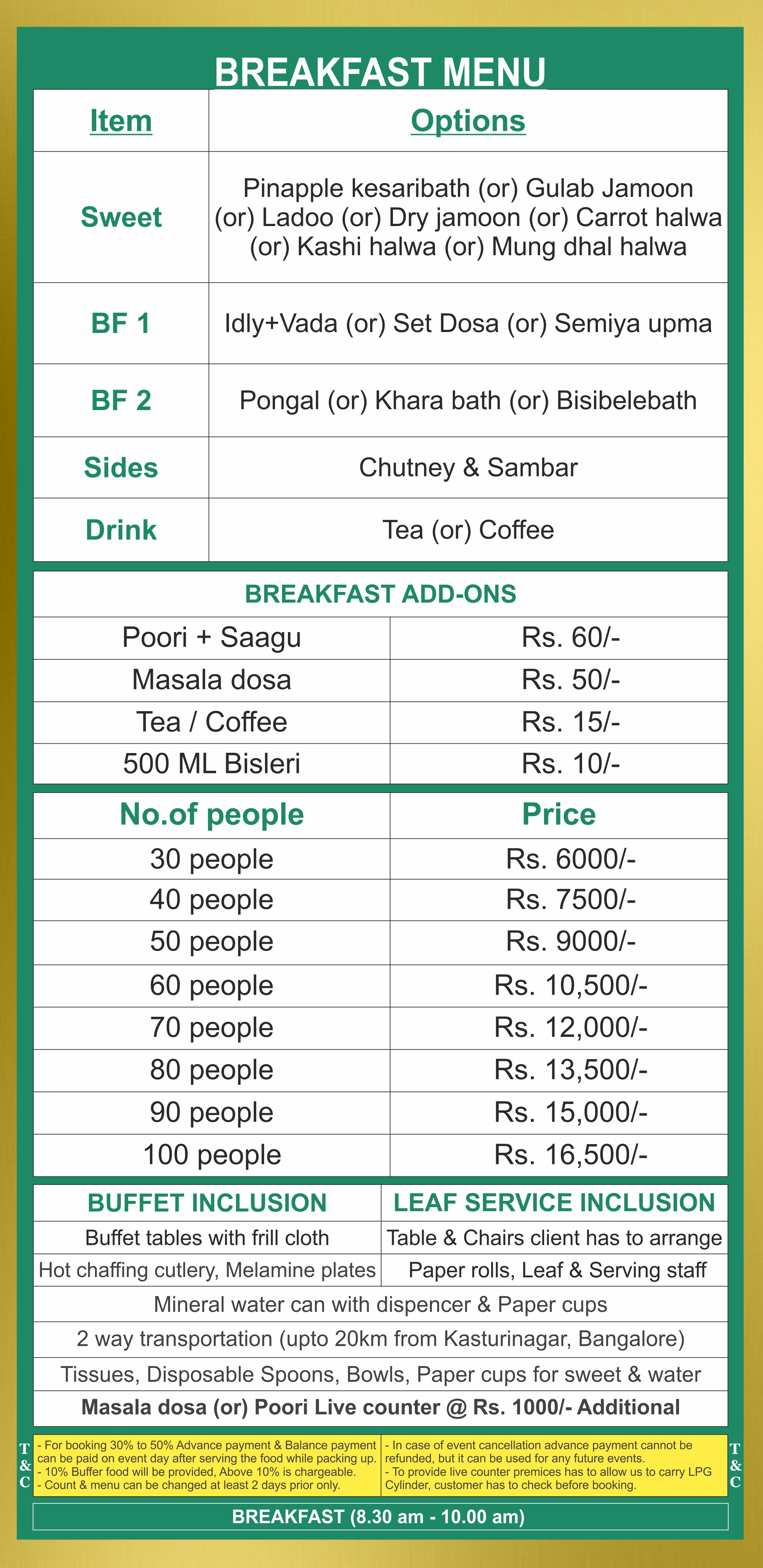 Breakfast catering Menu price list in Bangalore