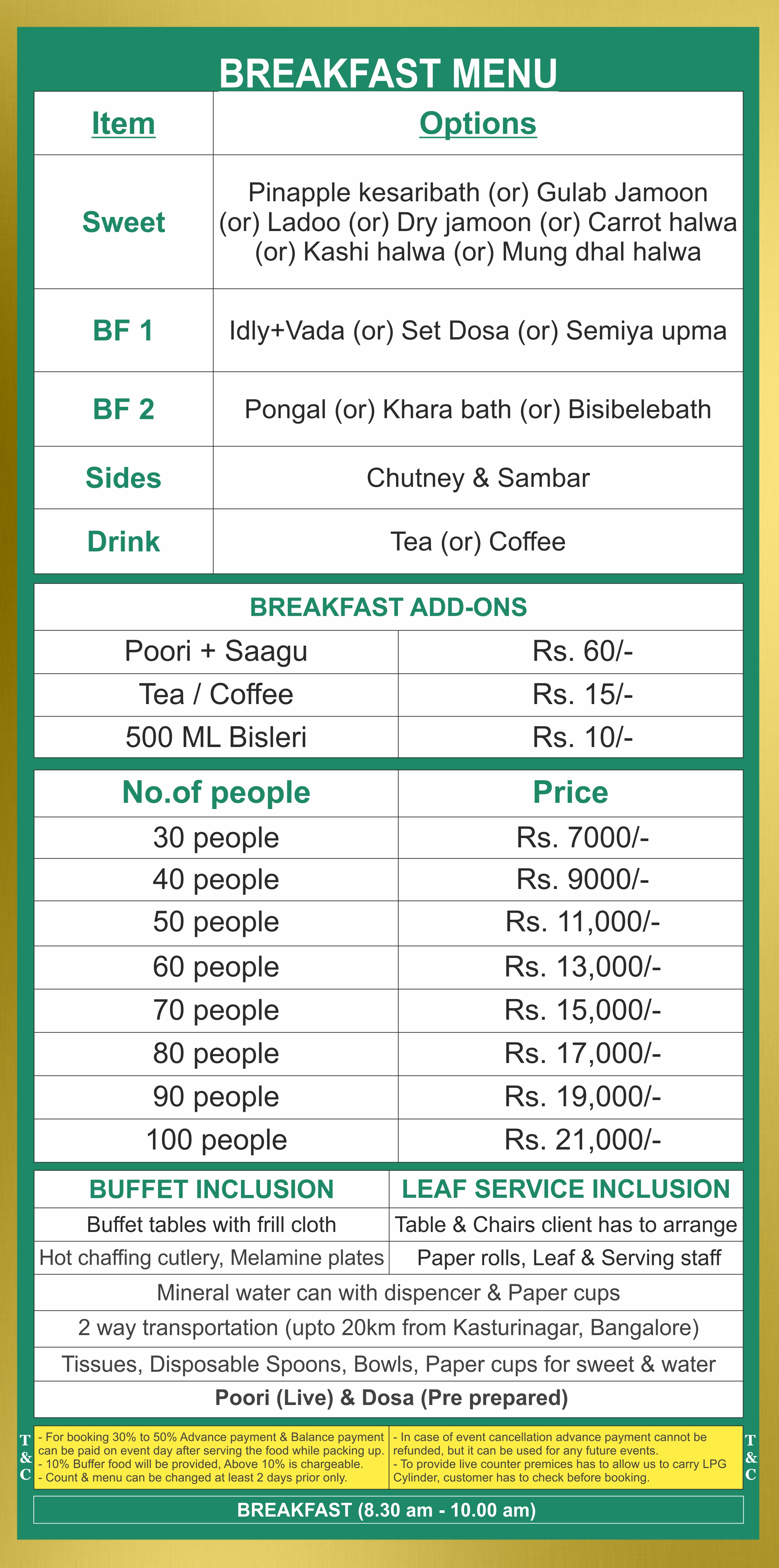 Breakfast catering menu Bangalore