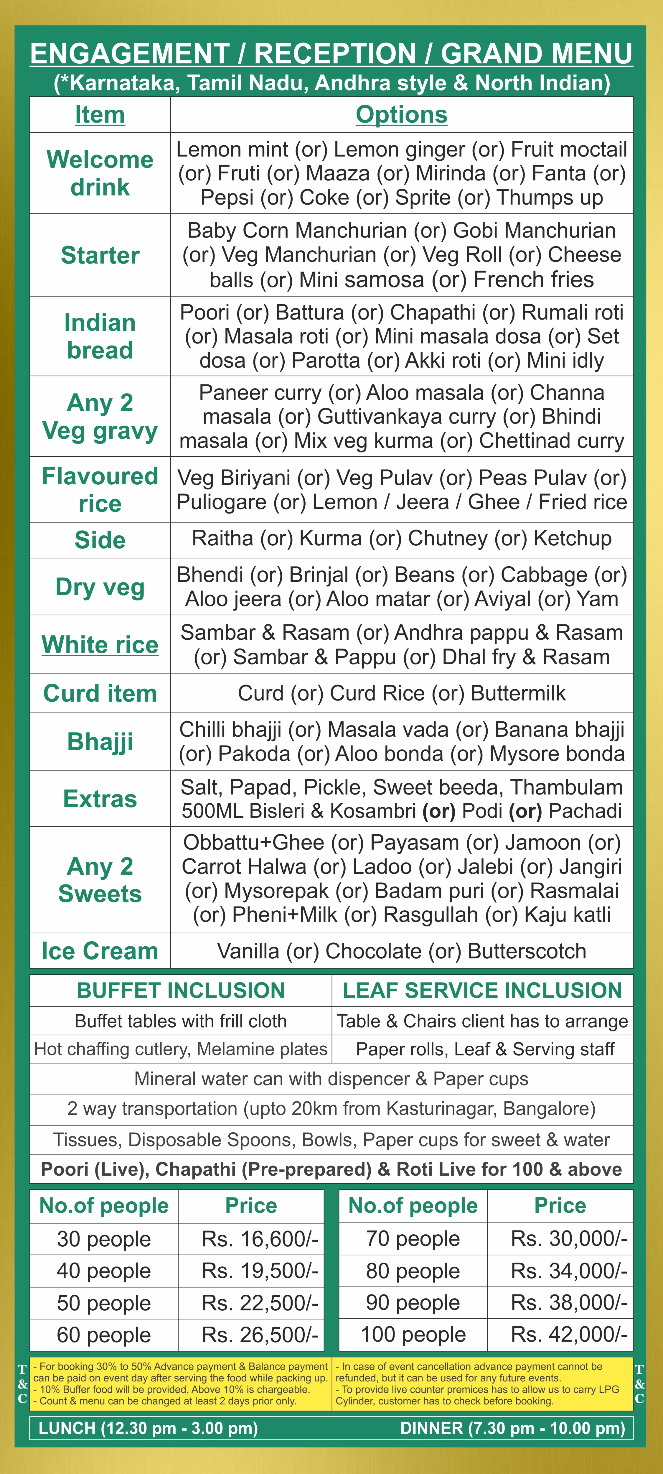 Engagement catering menu Bangalore