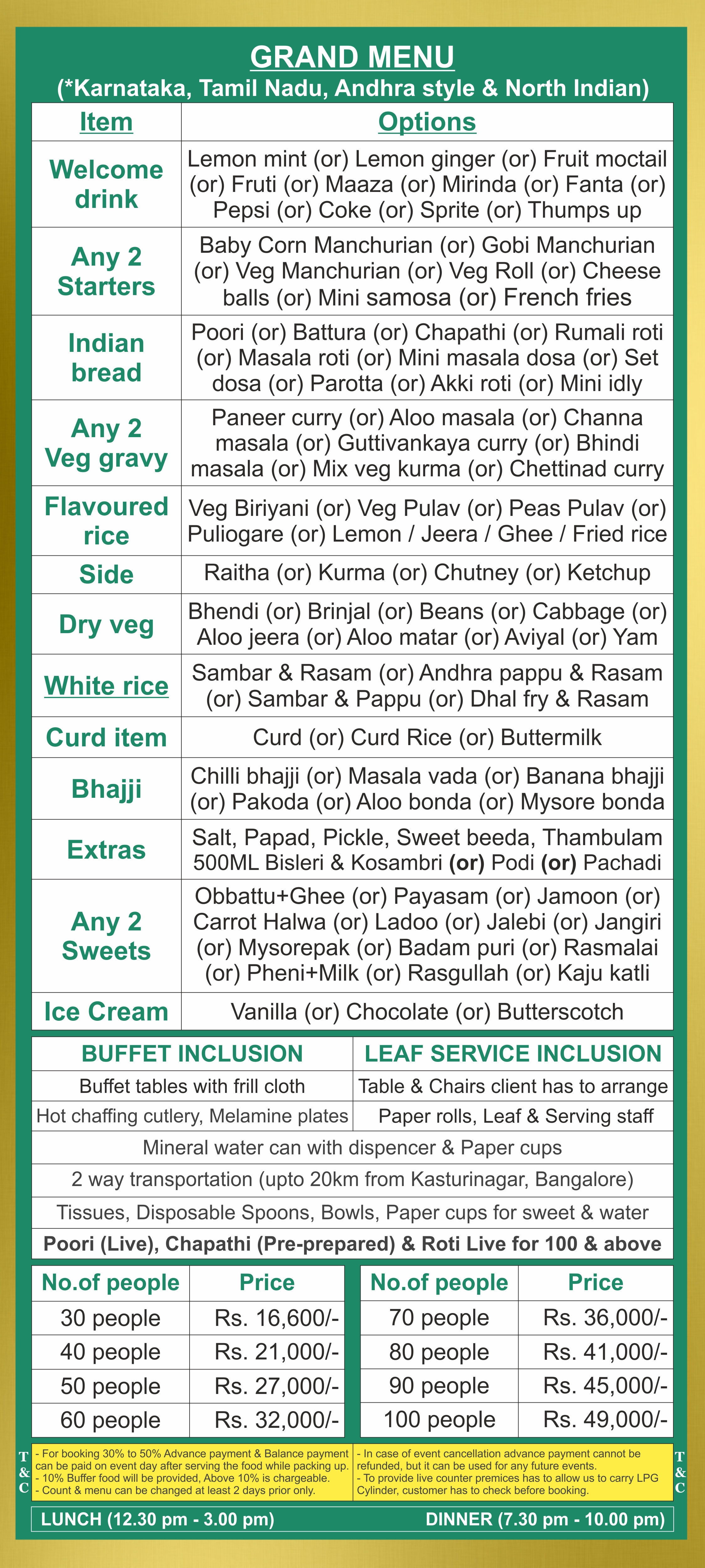 Engagement catering menu Bangalore