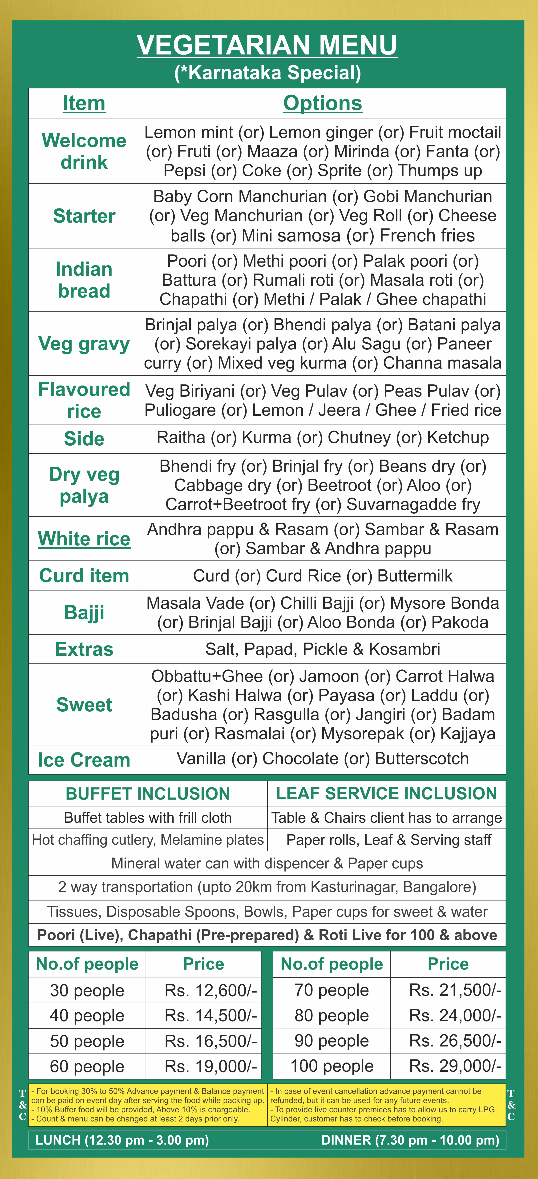 Karnataka style catering menu price list in Bangalore