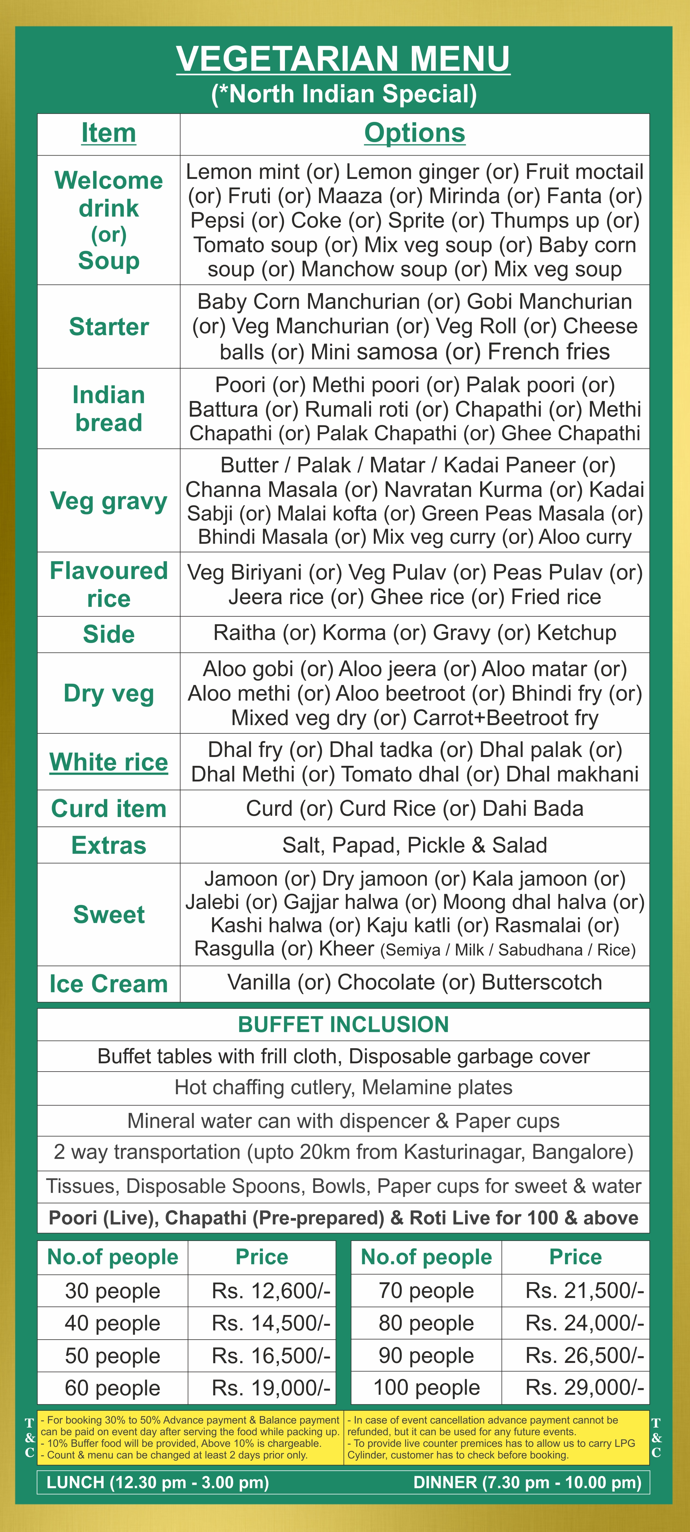 North Indian Catering Menu price list in Bangalore