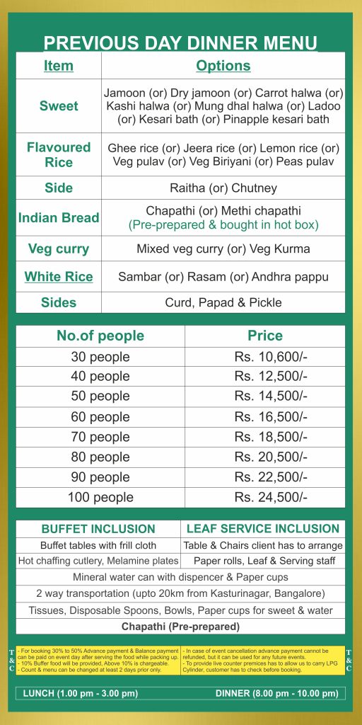 Previous day dinner catering menu Bangalore