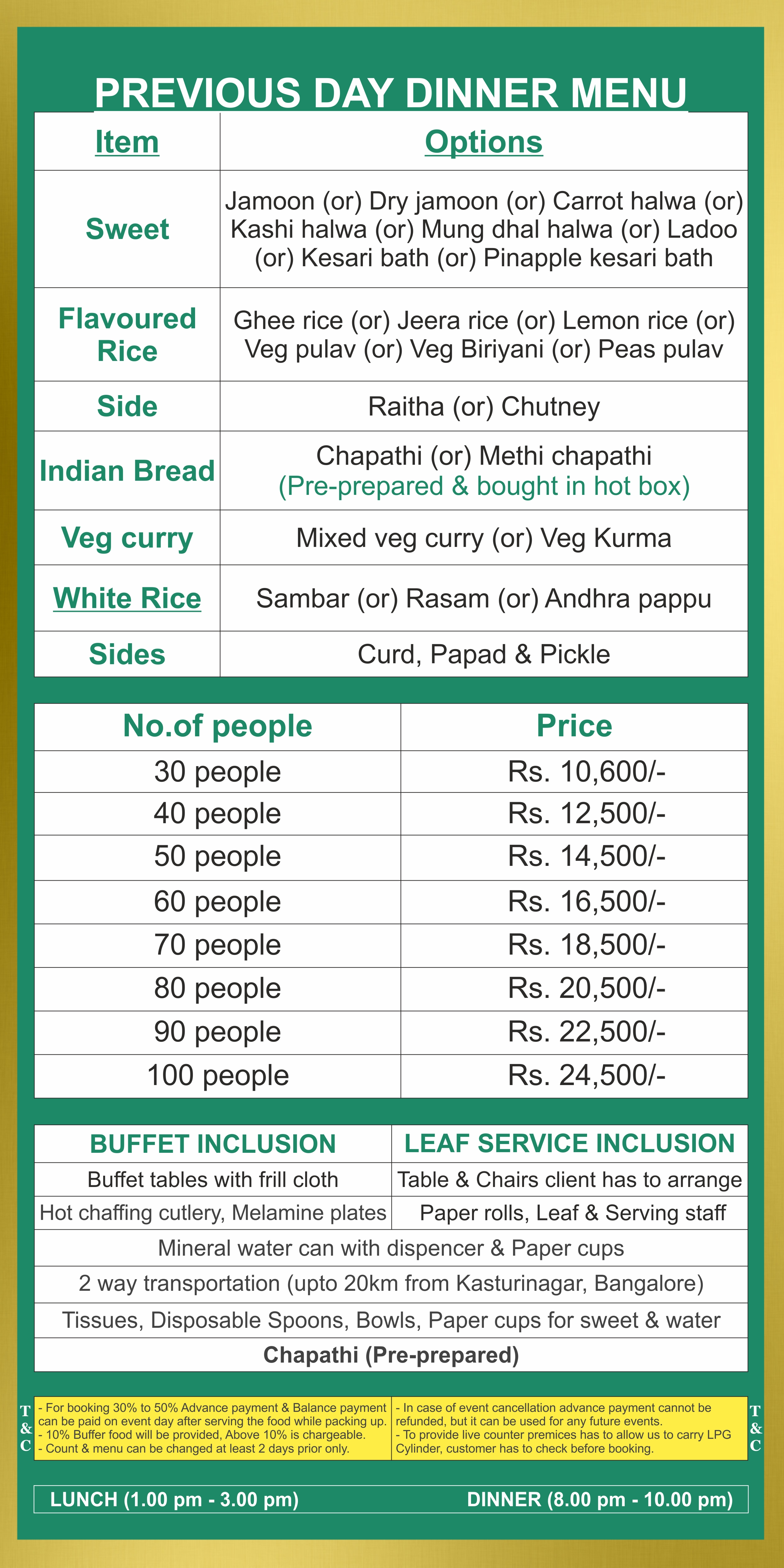 Previous Day Dinner catering Menu price list in Bangalore