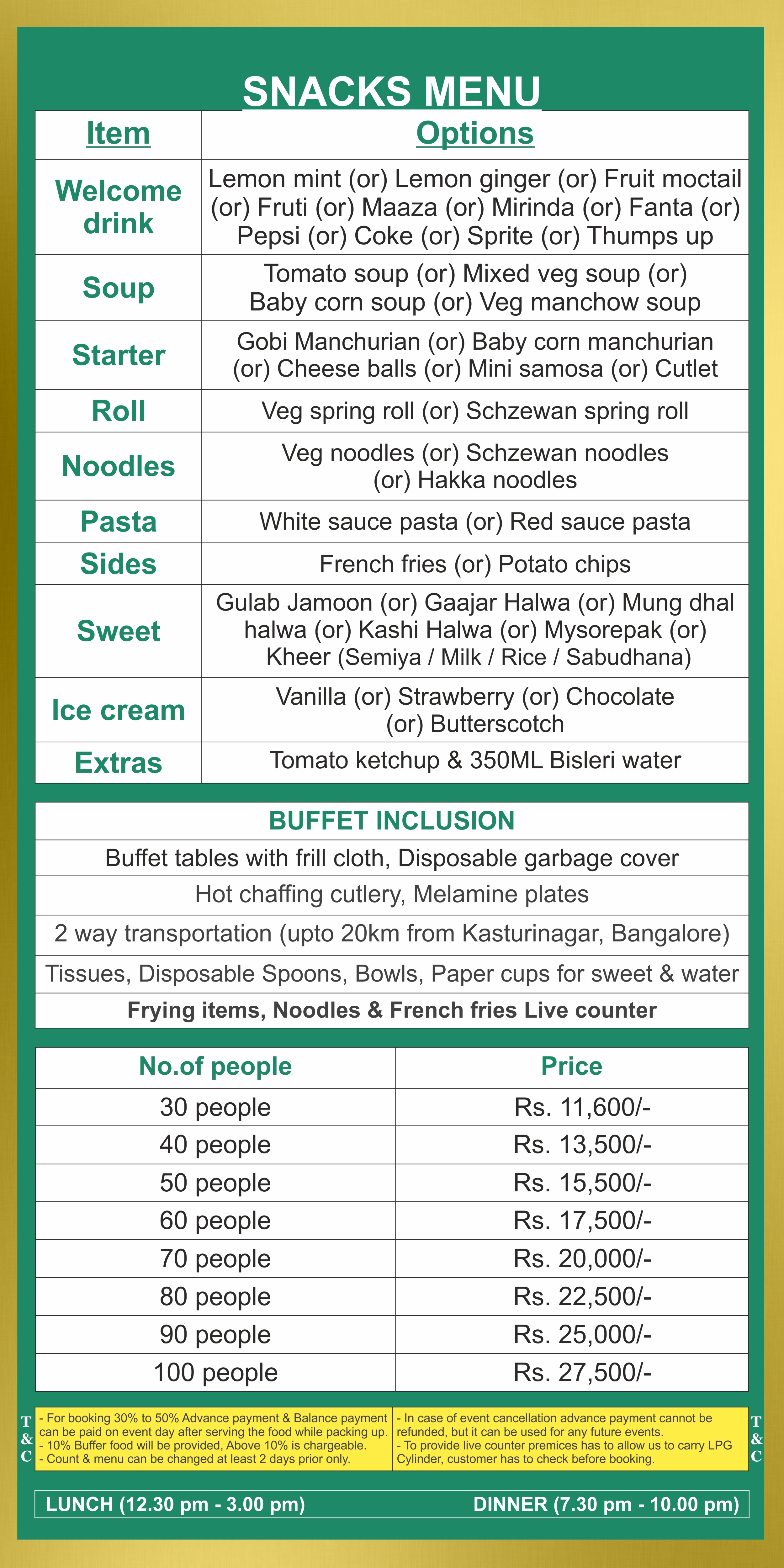 Snacks party catering menu price list in Bangalore