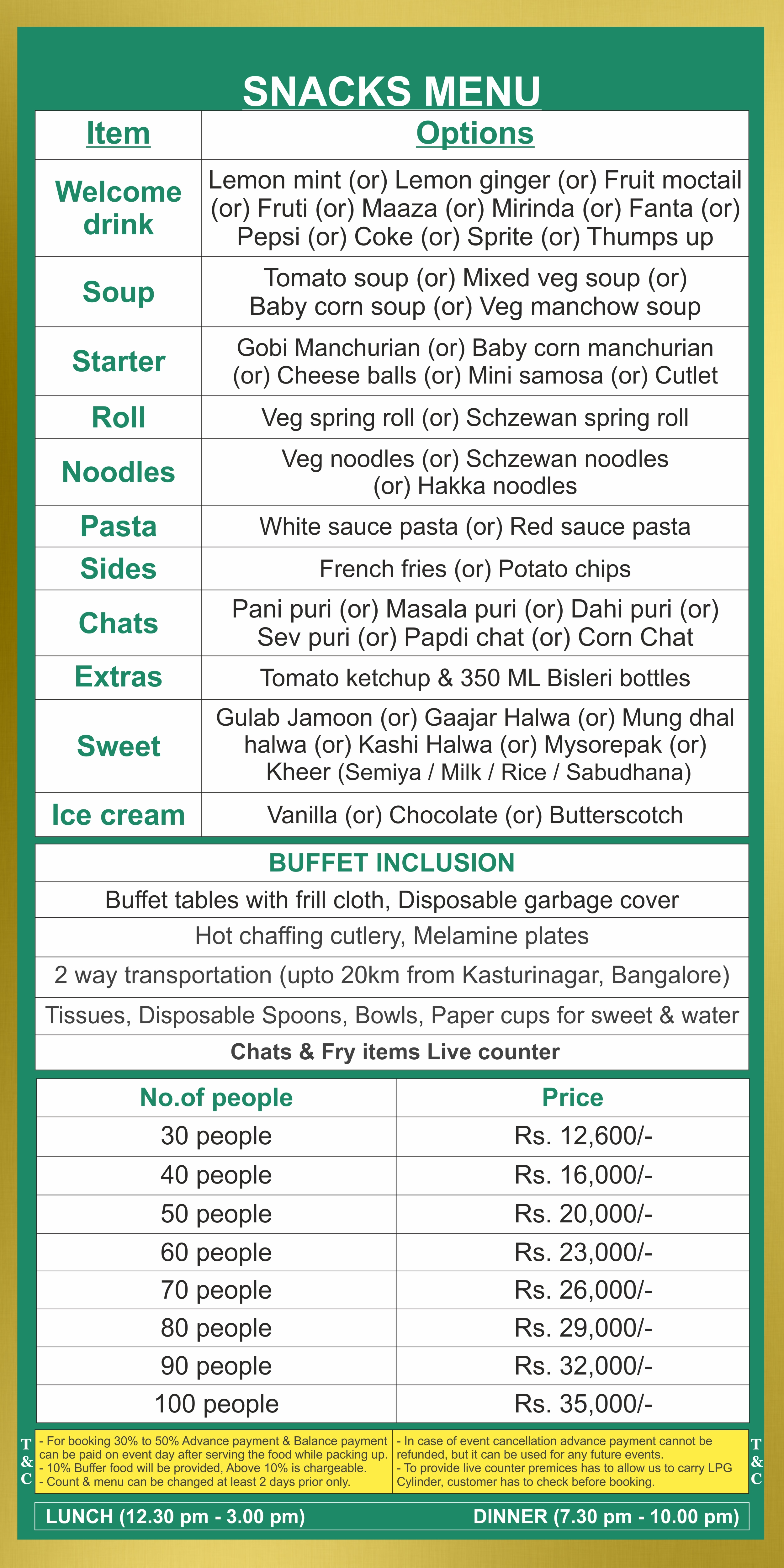 Snacks catering menu Bangalore