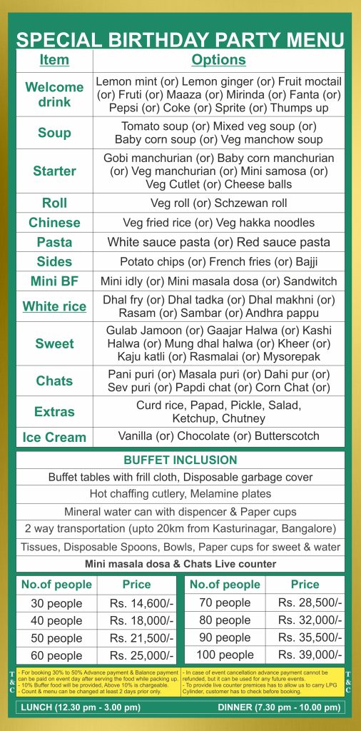 Special birthday party catering menu - Catering services in Bangalore