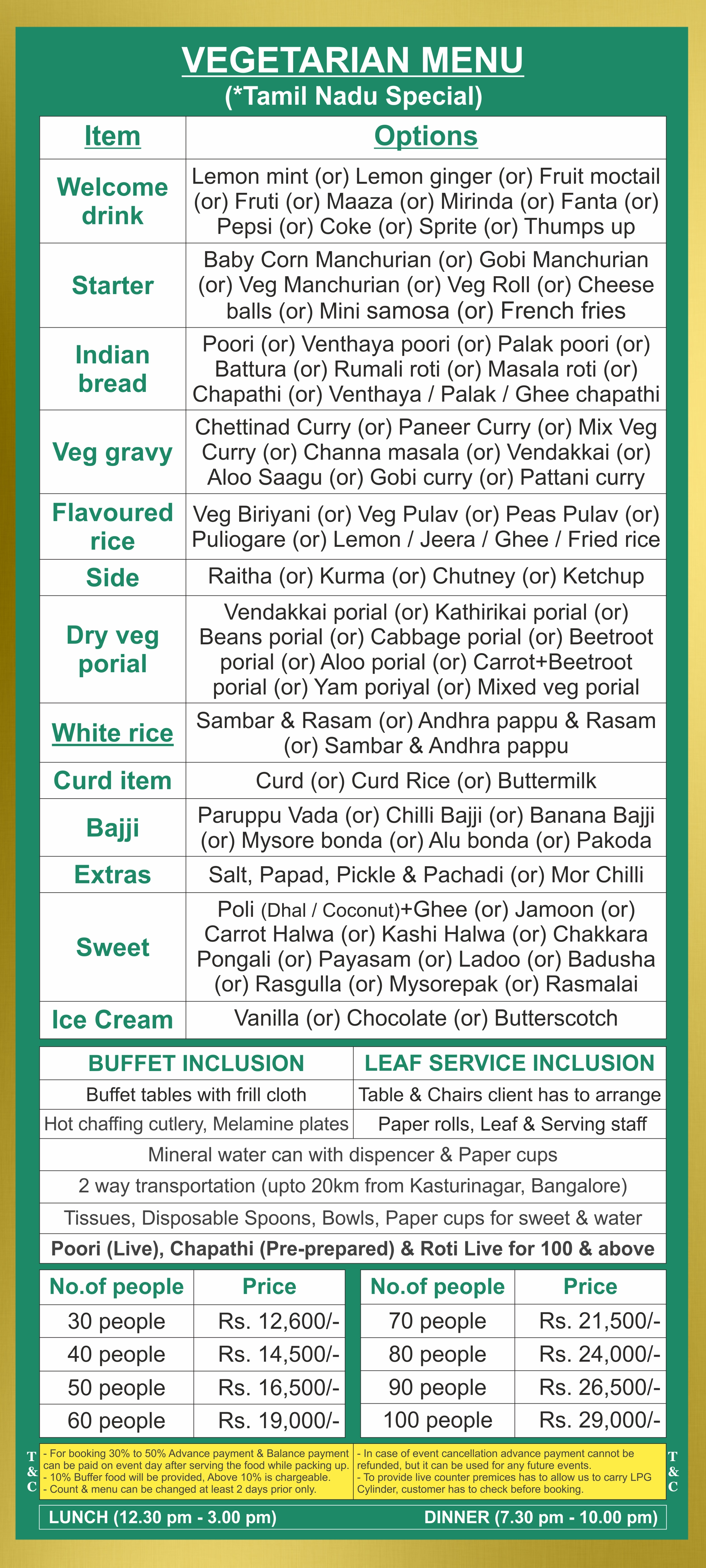 Tamil Nadu style catering menu price list in Bangalore
