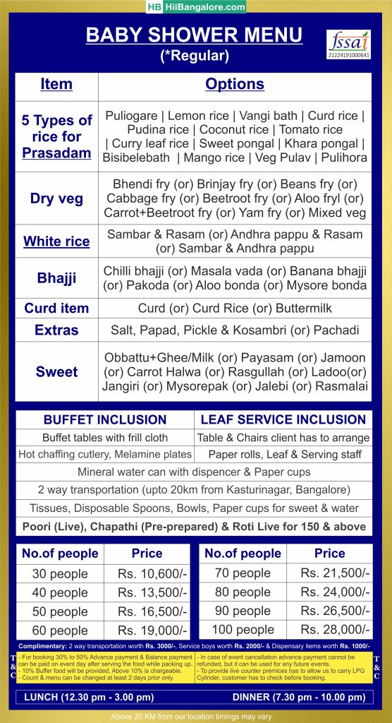 Babyshower regular catering menu Bangalore