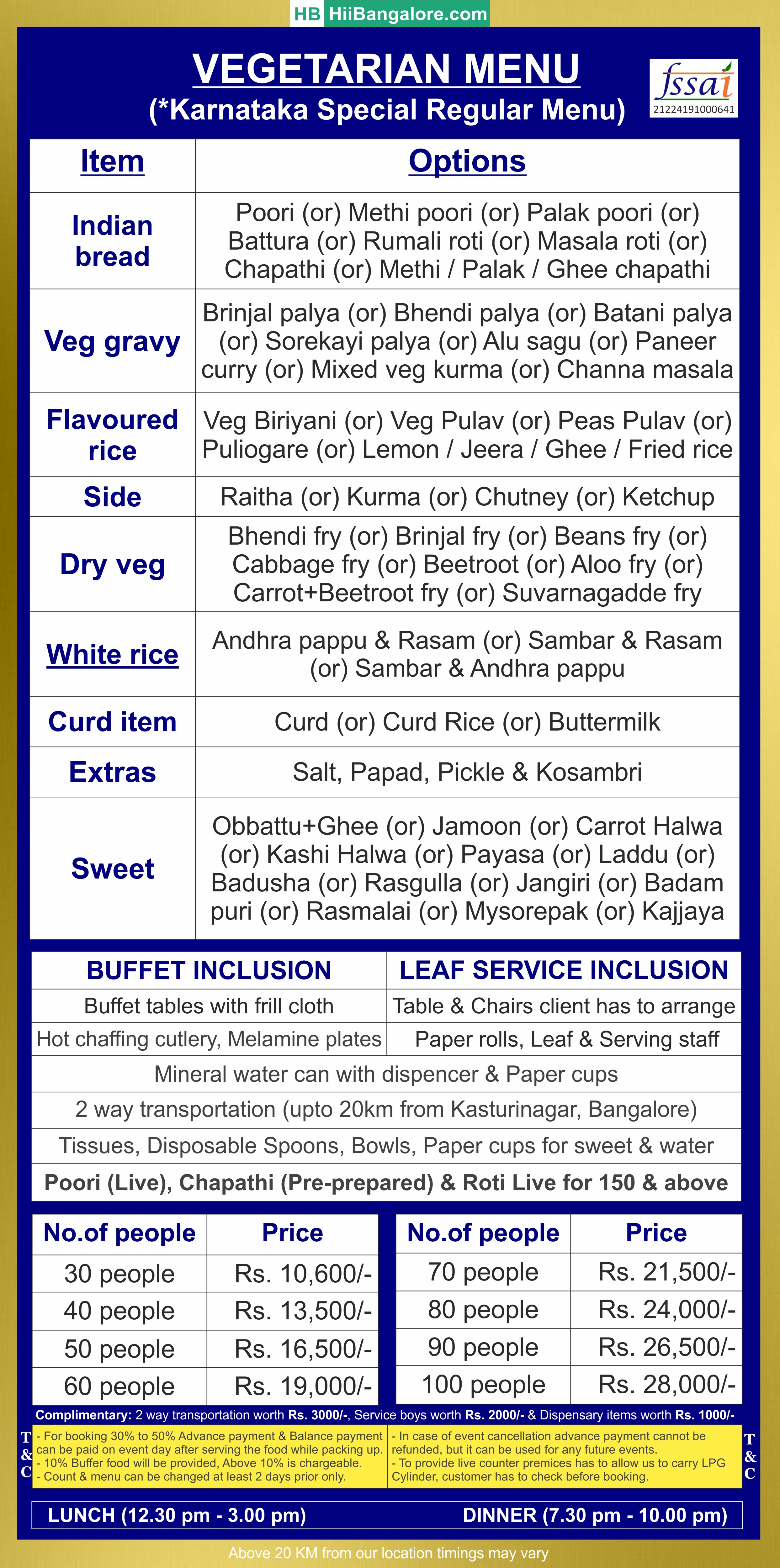 Karnataka style regular catering menu Bangalore