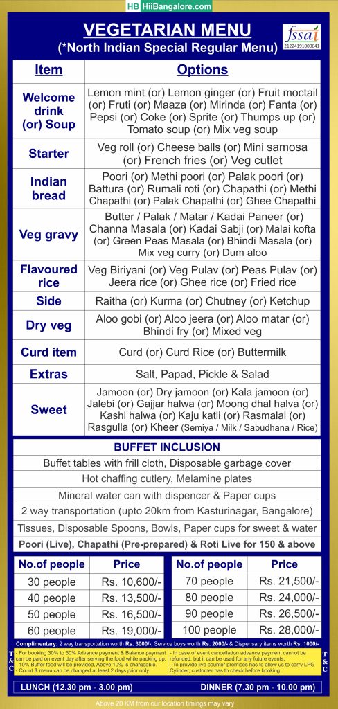 North Indian regular catering menu Bangalore