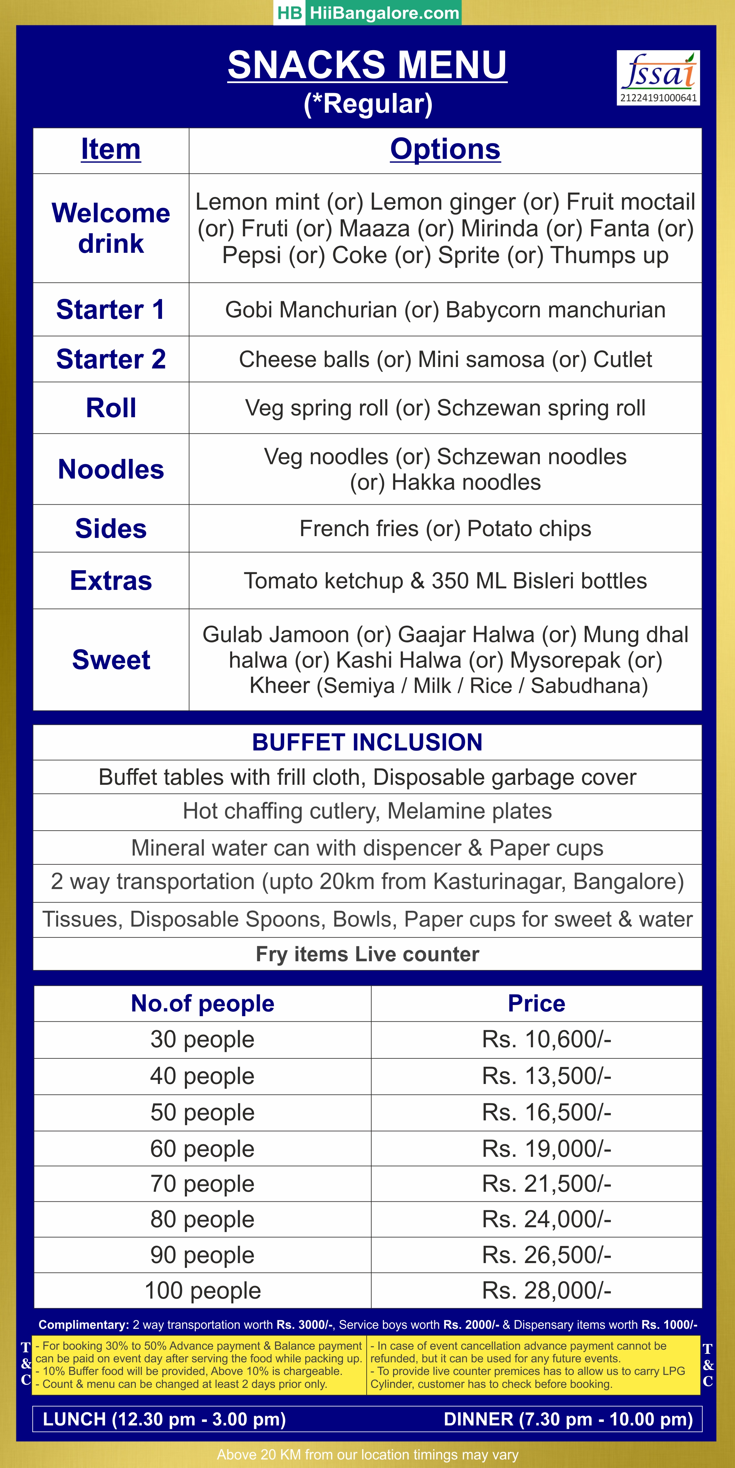 Snacks regular catering menu Bangalore