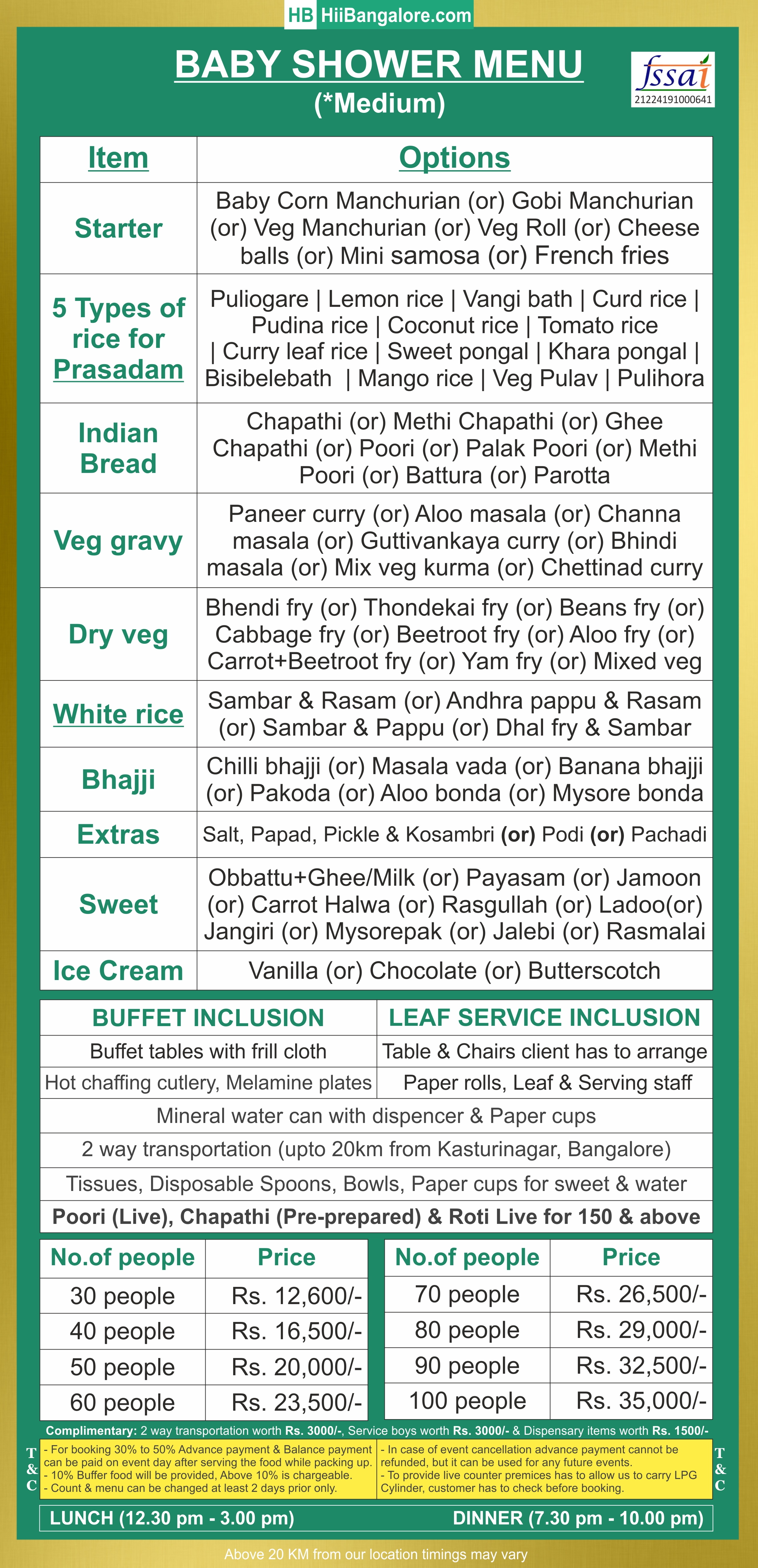 Babyshower medium catering menu Bangalore