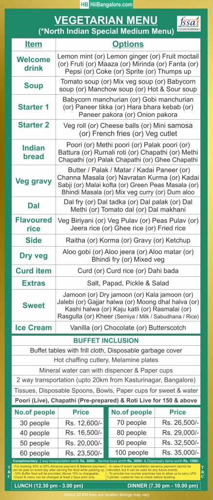 North Indian medium catering menu Bangalore