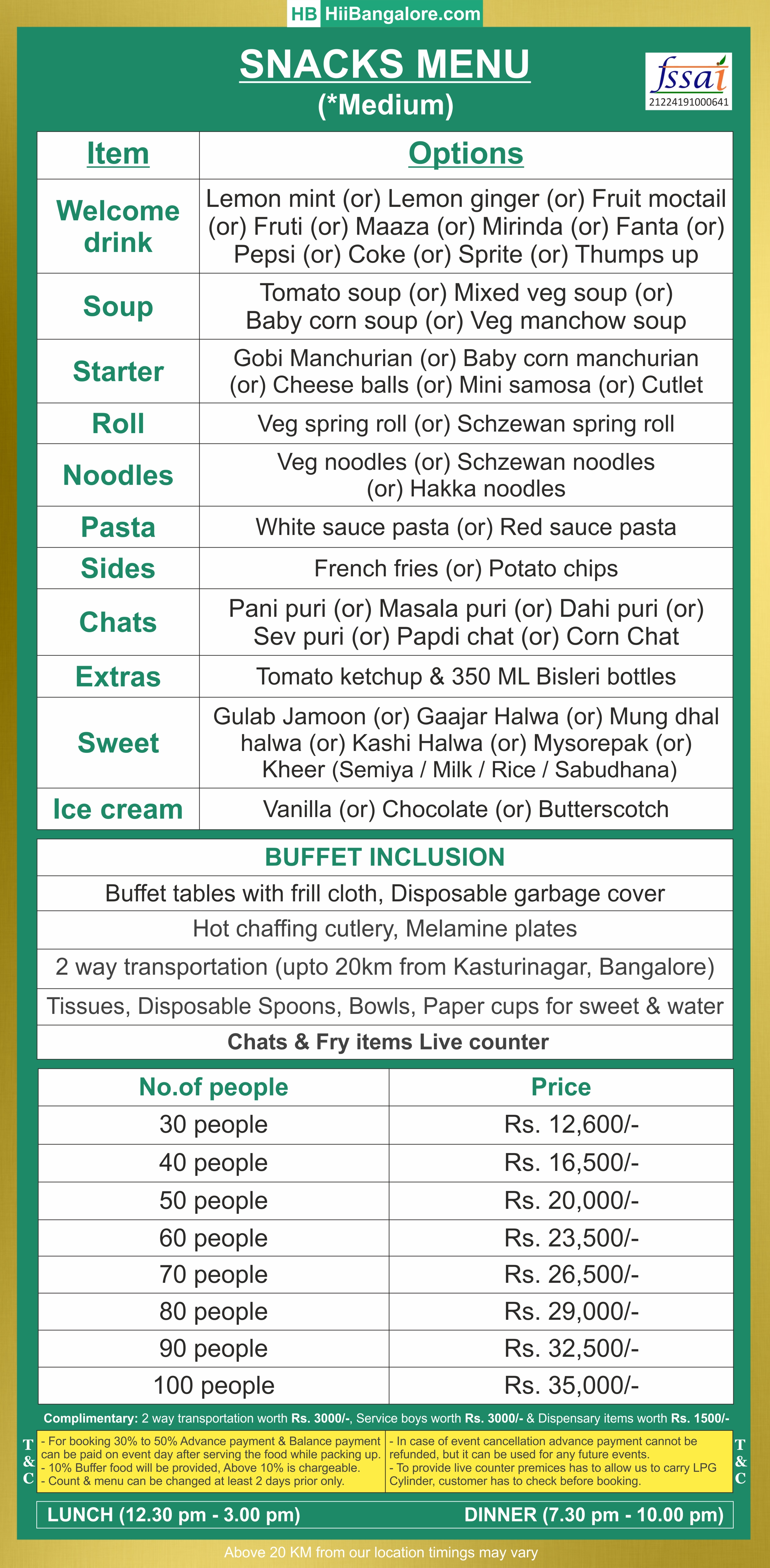 Snacks medium catering menu Bangalore