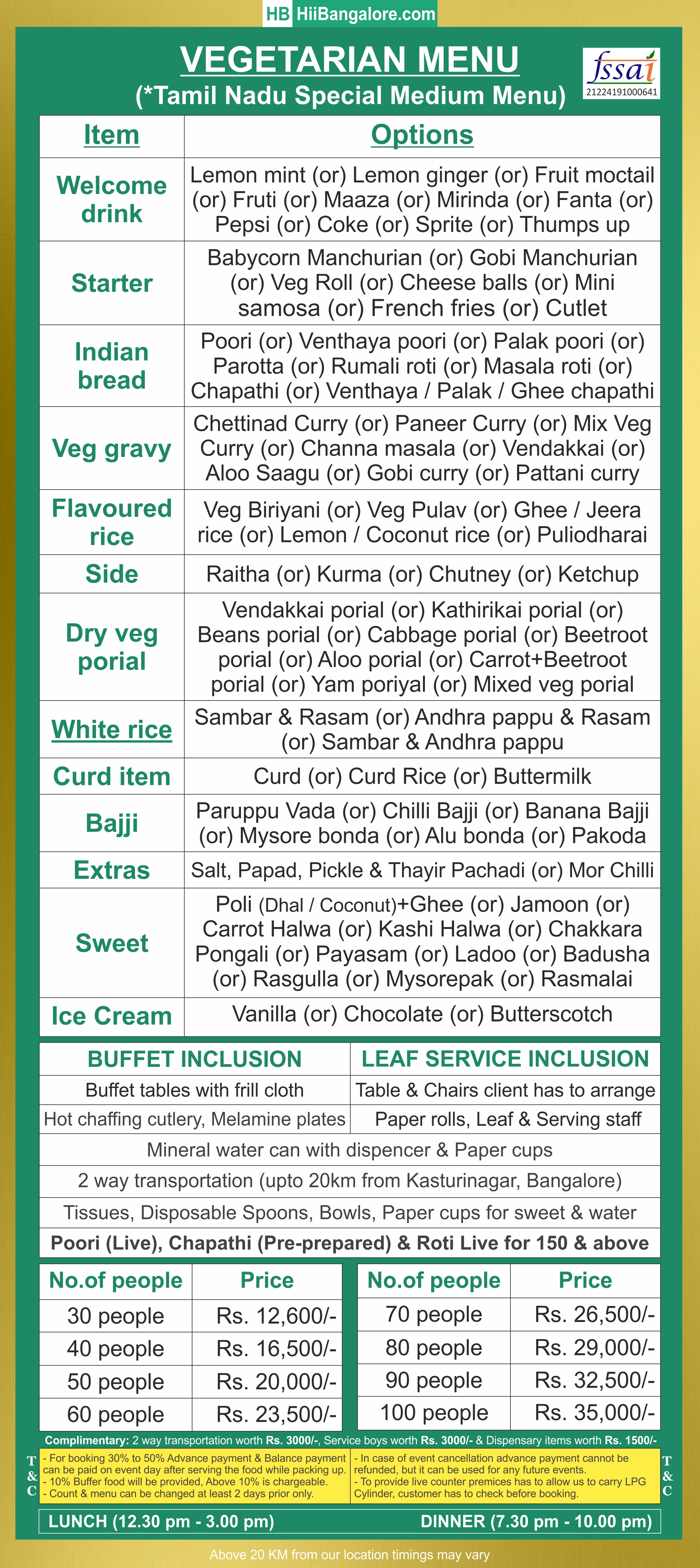 Tamil Nadu style medium catering menu Bangalore