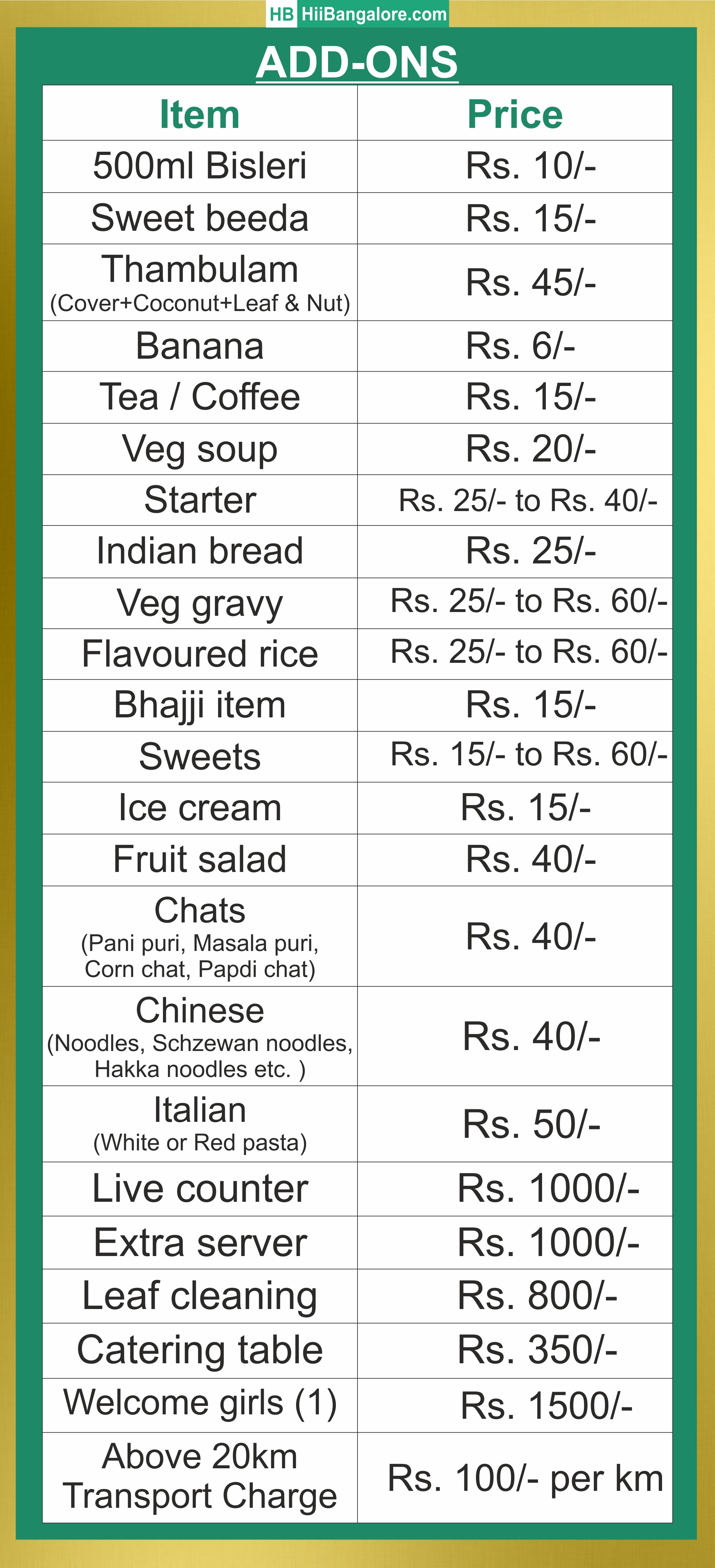 Add-ons catering price list Bangalore