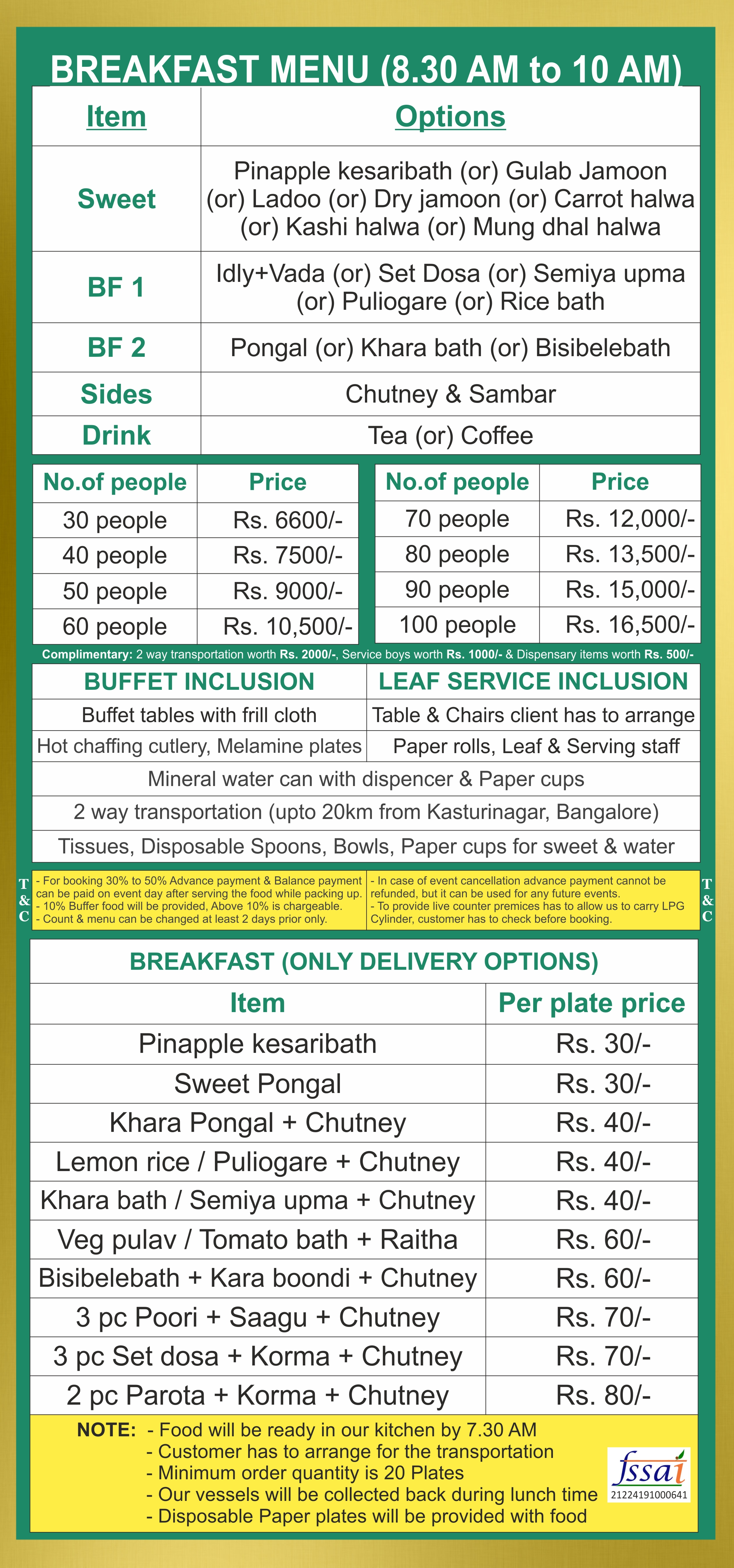 Breakfast catering menu Bangalore